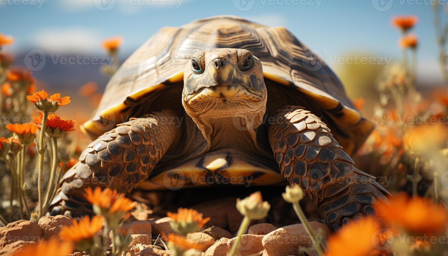 AI generated A cute yellow turtle crawls through the green grass generated by AI photo