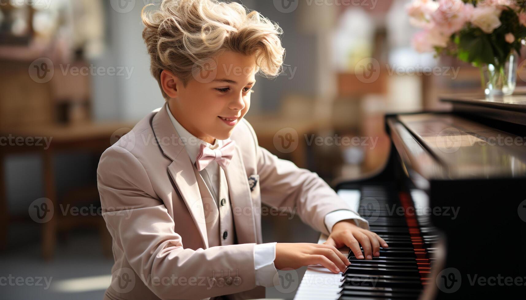 AI generated A cute boy playing piano, learning music with joy generated by AI photo