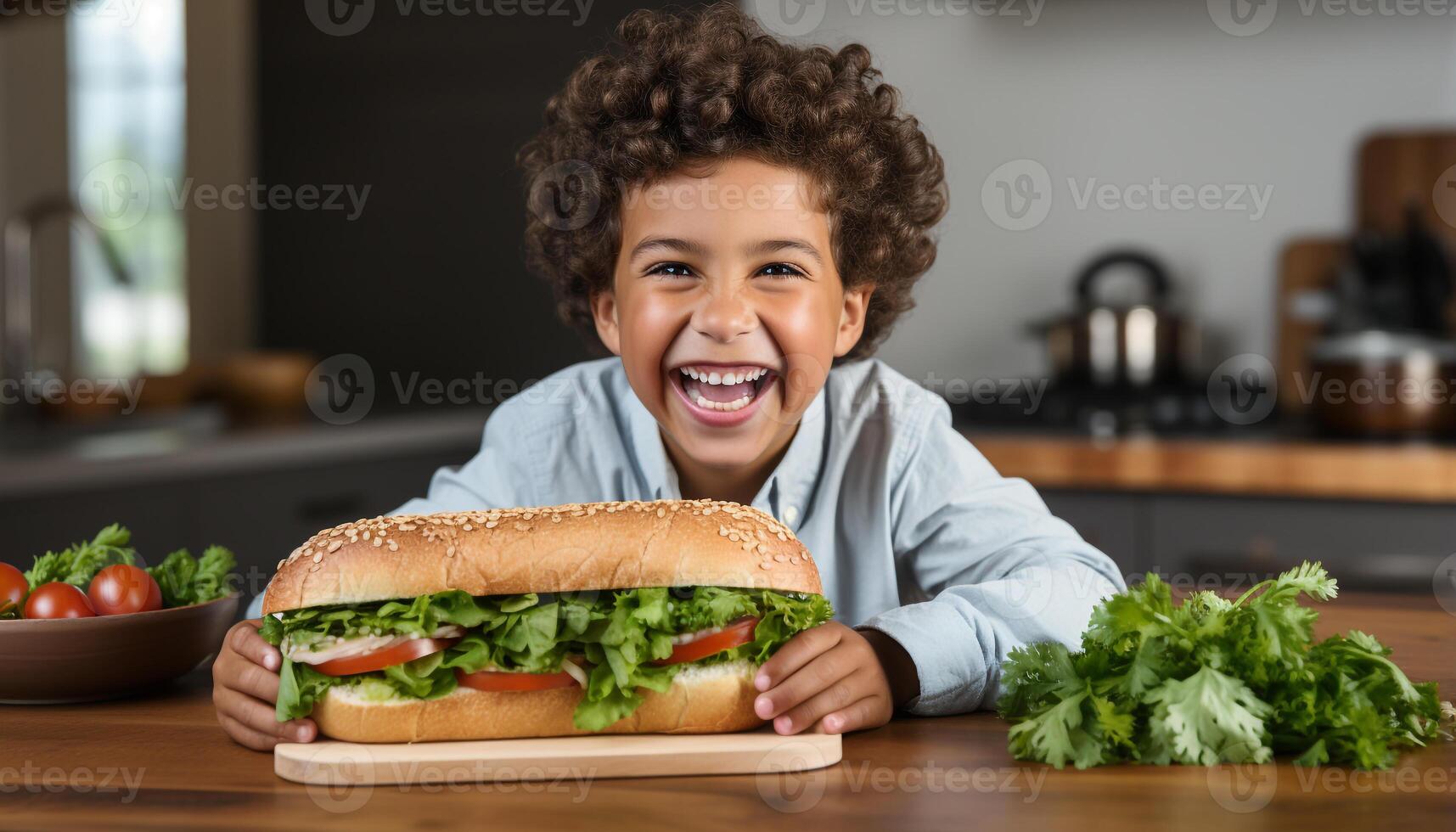 AI generated Smiling child enjoying a healthy sandwich in cheerful kitchen generated by AI photo