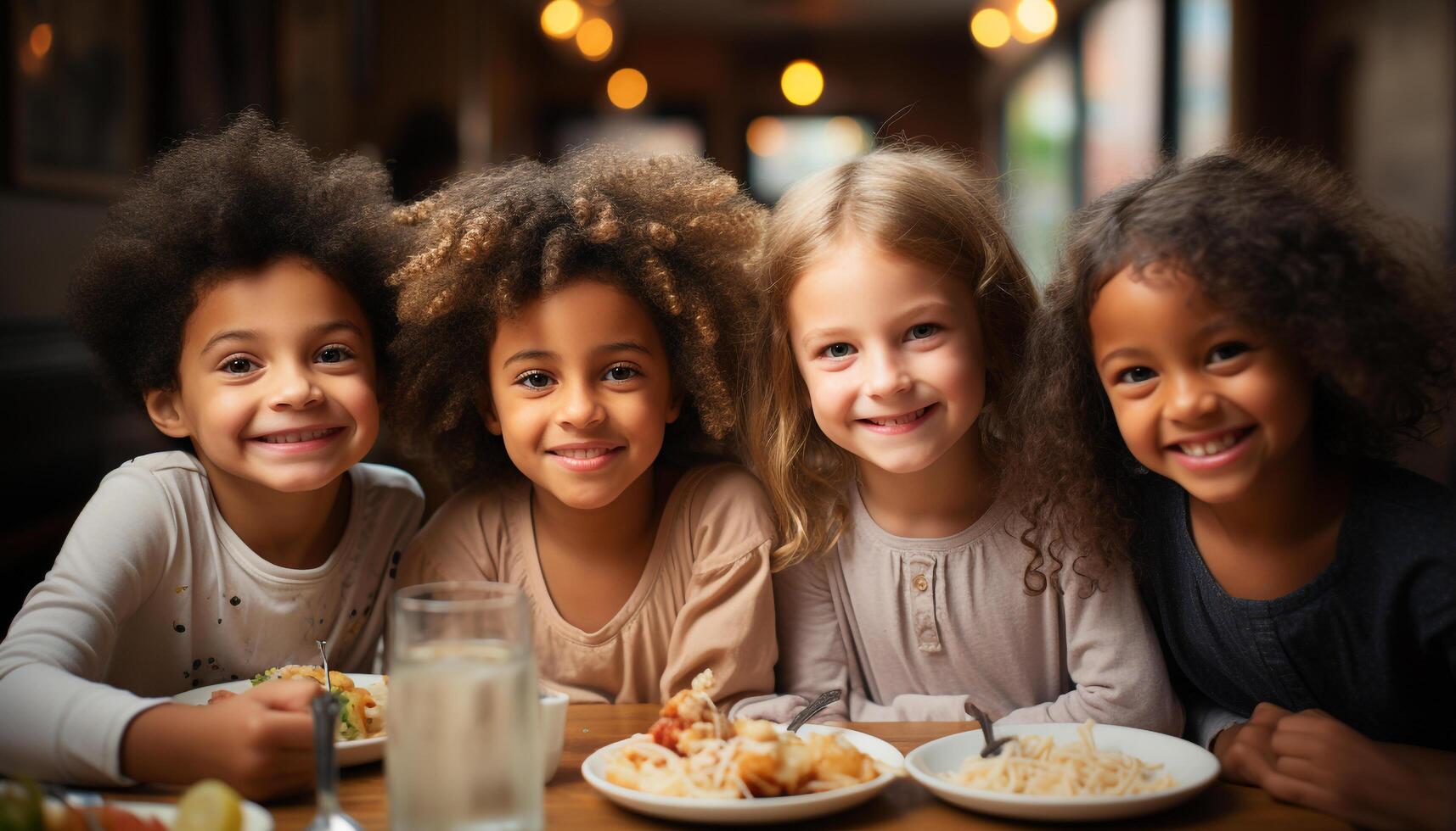 AI generated Smiling children enjoying food, bonding indoors, celebrating friendship together generated by AI photo