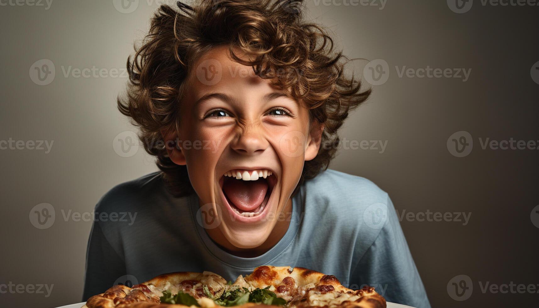 AI generated Smiling boy enjoying pizza, looking at camera with mischief generated by AI photo