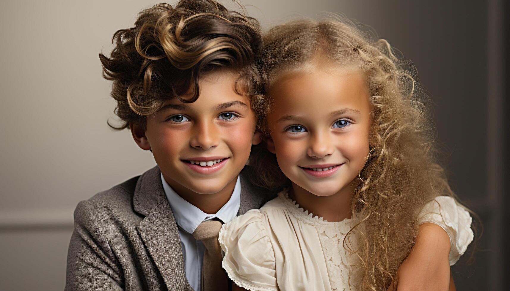 AI generated Two cute Caucasian siblings smiling, looking at camera, full of joy generated by AI photo