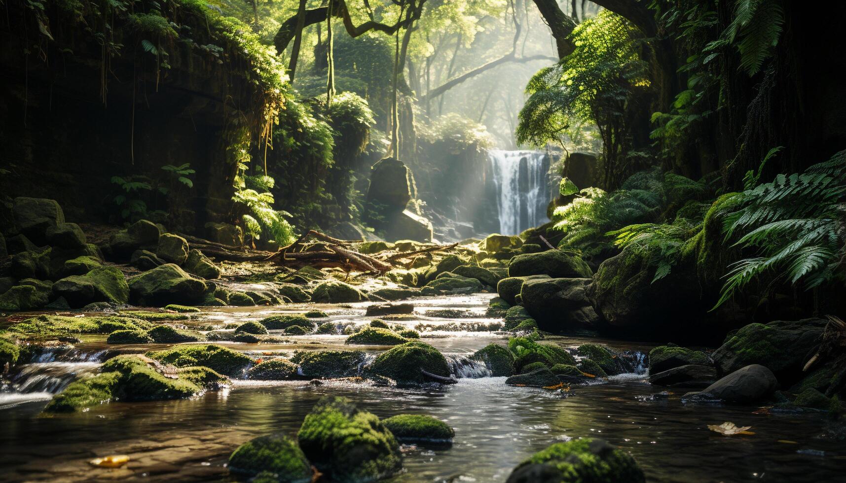 AI generated Tranquil scene  flowing water, falling from mountain, in tropical rainforest generated by AI photo