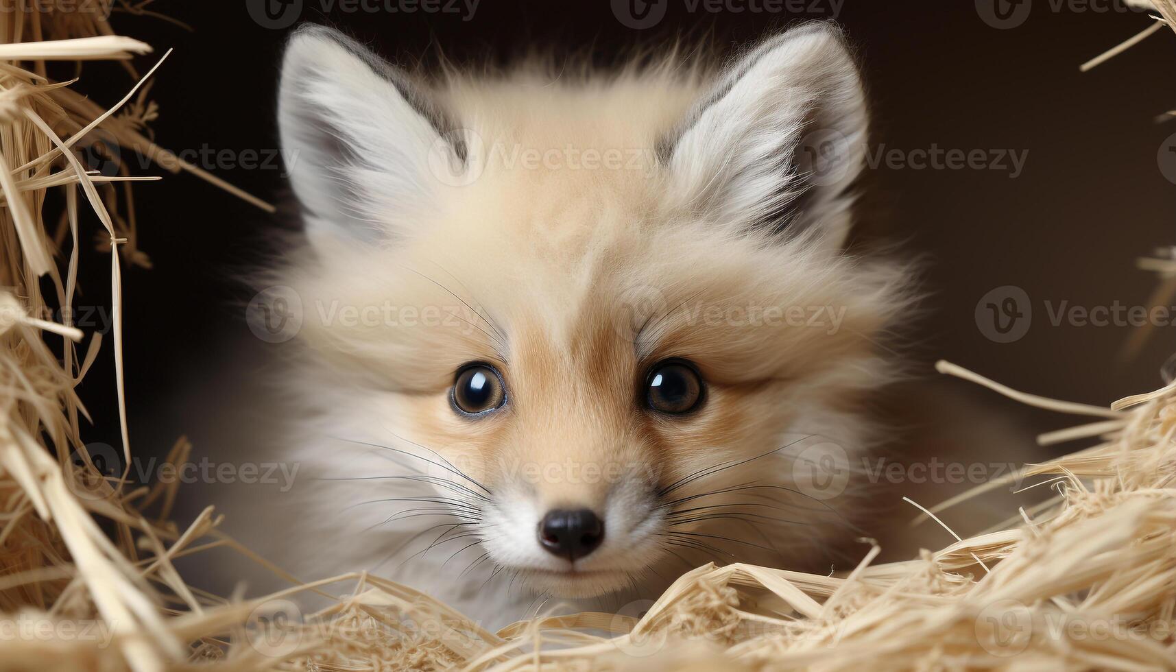 AI generated Cute puppy sitting on hay, looking at camera with fluffy fur generated by AI photo