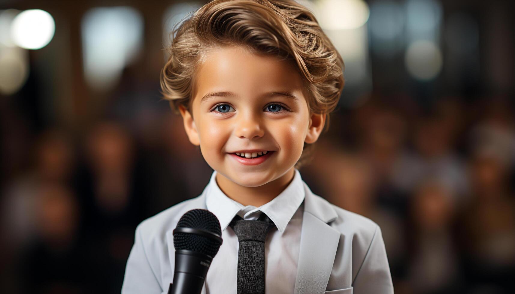 AI generated A cute, cheerful boy smiling, holding a microphone on stage generated by AI photo