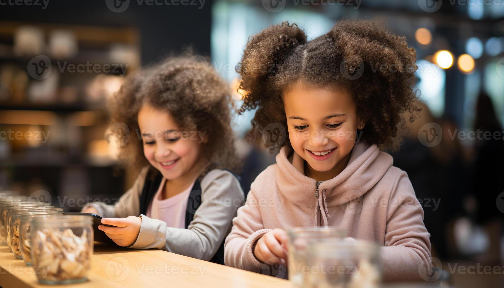 ai generado sonriente chicas, alegre infancia, linda unión en Doméstico cocina generado por ai foto