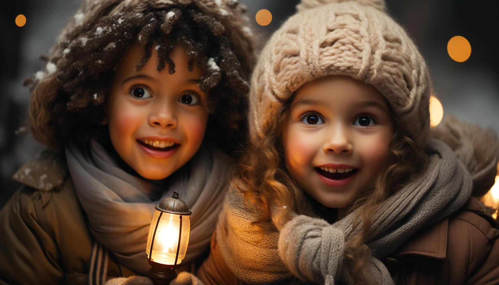 ai generado sonriente niños en calentar ropa celebrar Navidad con alegría generado por ai foto