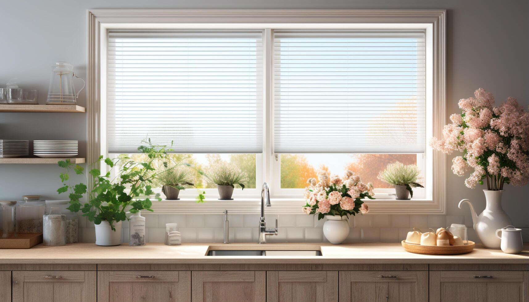 ai generado moderno cocina con brillante ventana, limpiar accesorios, y Fresco flores generado por ai foto