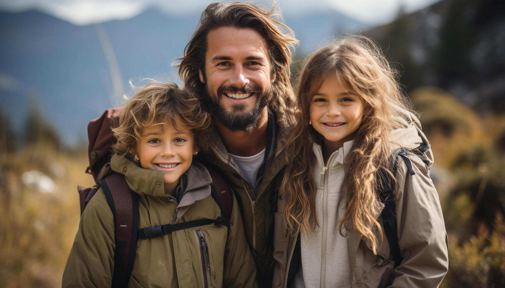 AI generated Smiling child and father bond in nature, radiating happiness generated by AI photo