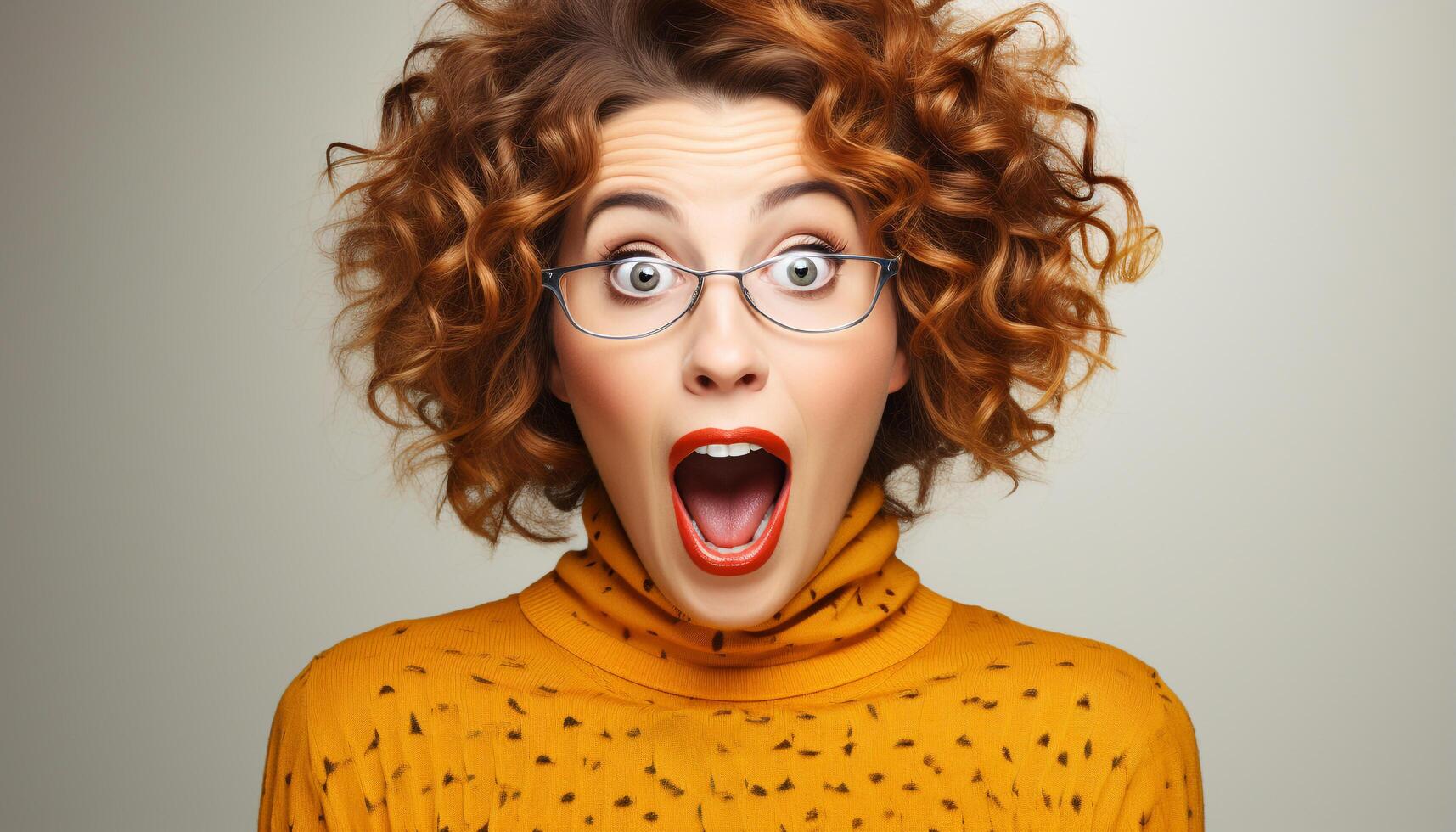 AI generated A cute, curly haired woman with a shocked expression and eyeglasses generated by AI photo