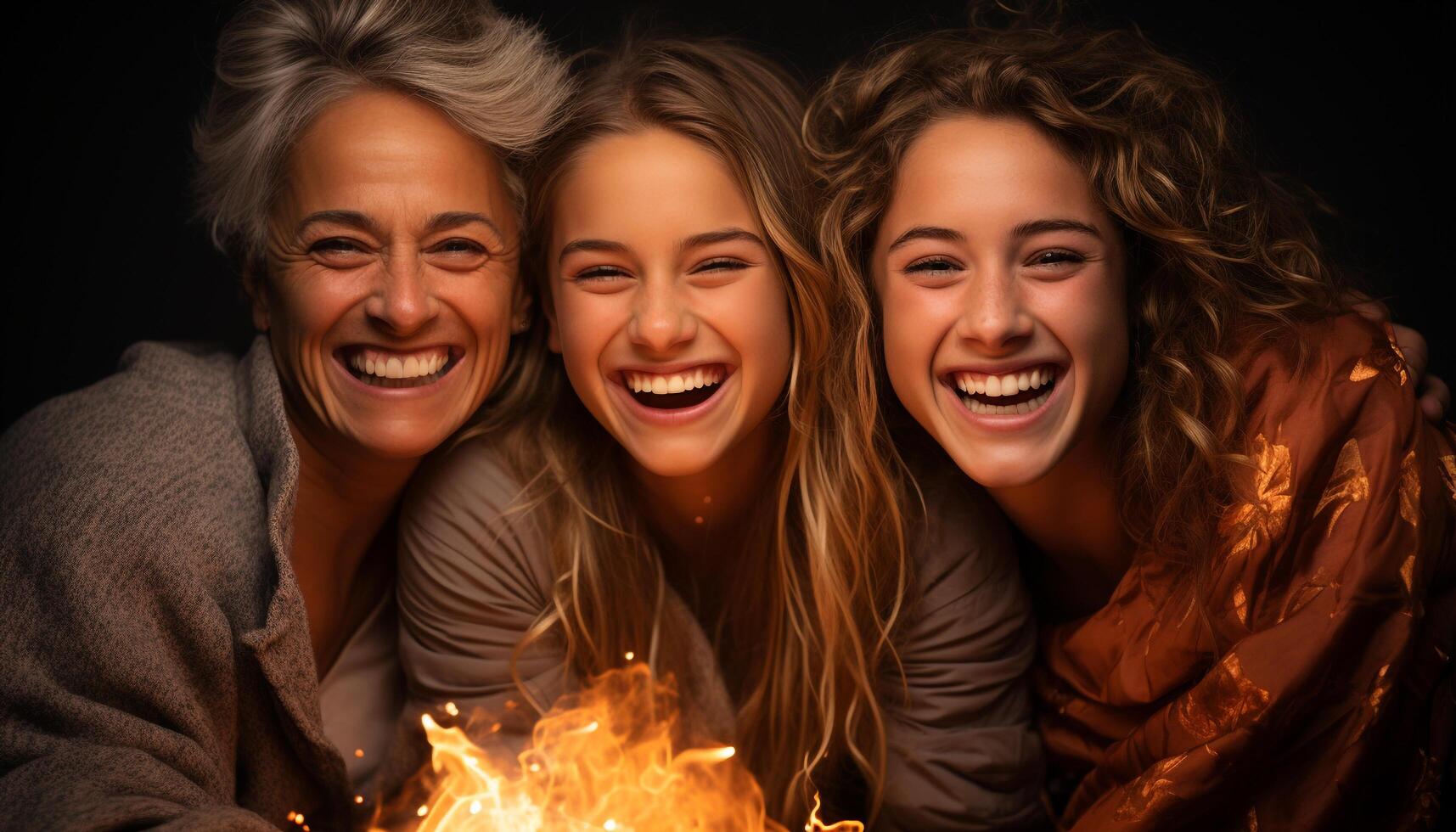 ai generado Tres alegre mujer disfrutando un noche fiesta, brillante con felicidad generado por ai foto