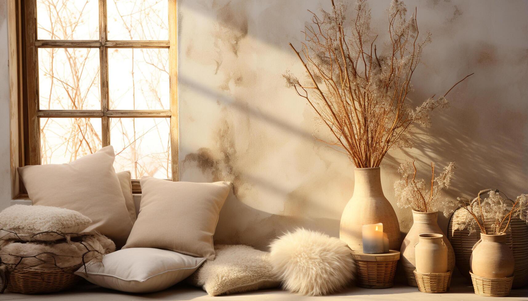 AI generated Cozy modern loft, comfortable bed, bright sunlight, rustic brick wall generated by AI photo