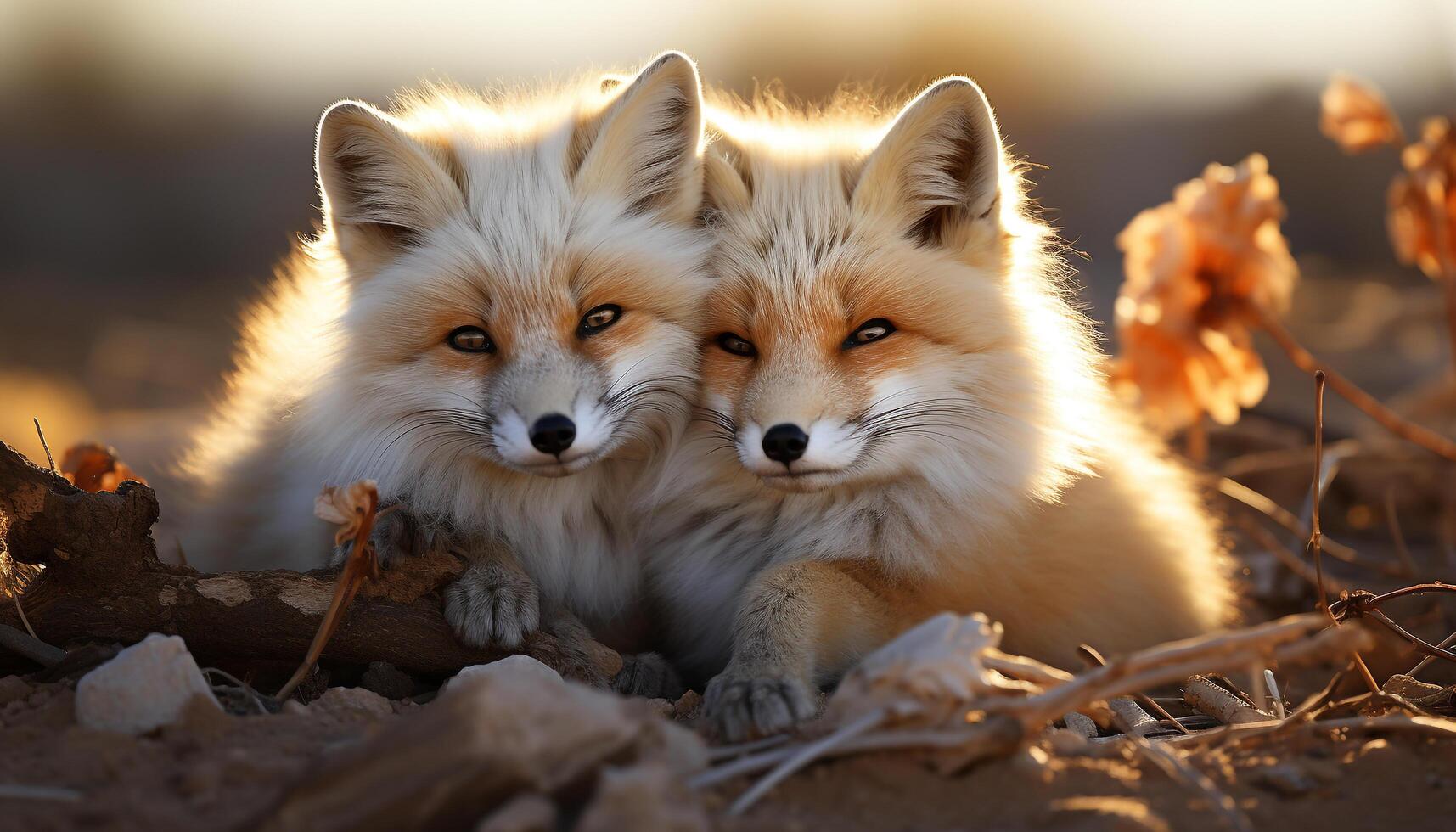 AI generated Cute puppy and red fox playing in the autumn forest generated by AI photo