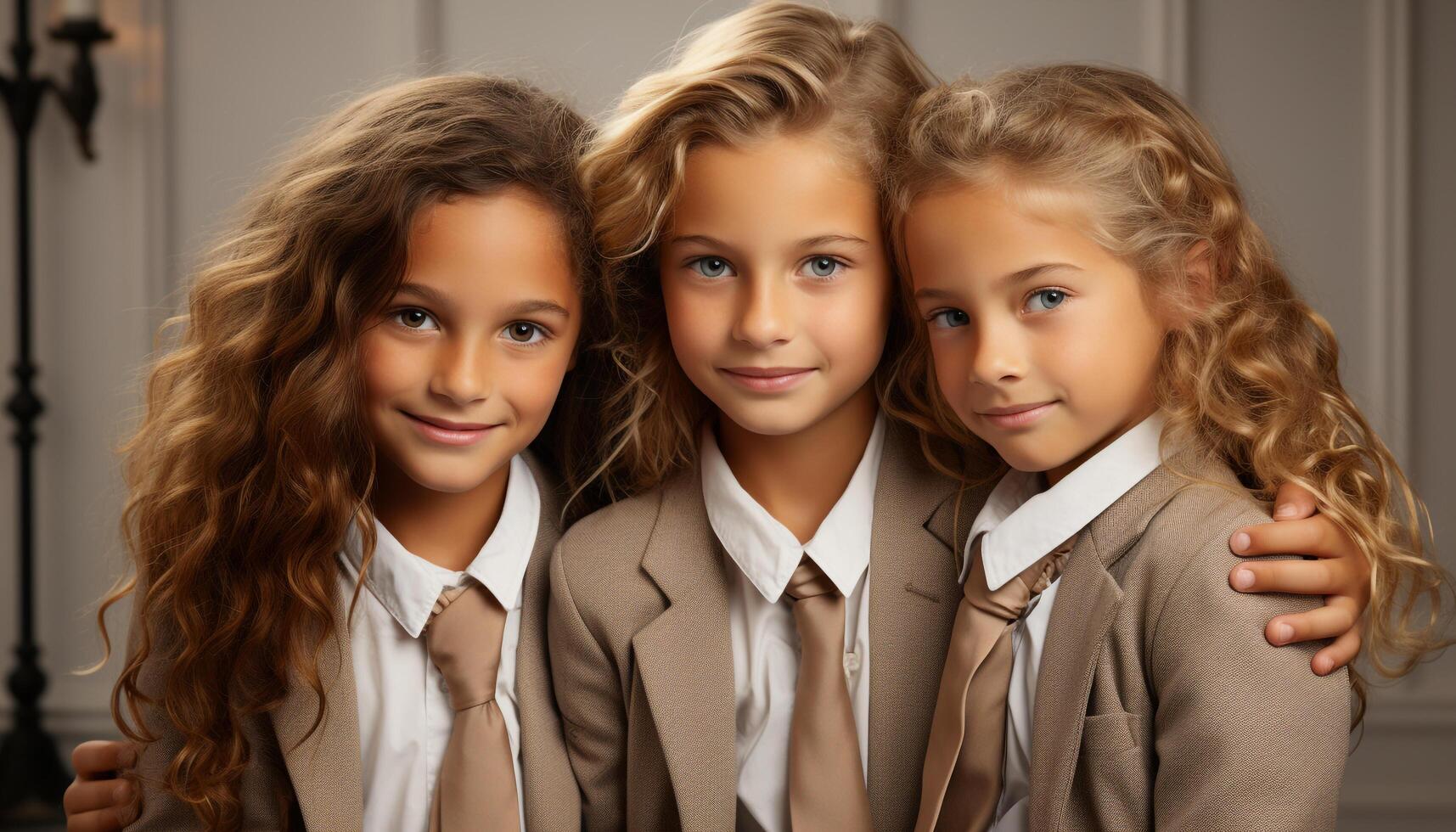 AI generated Smiling girls and boys, cute and cheerful, looking at camera generated by AI photo