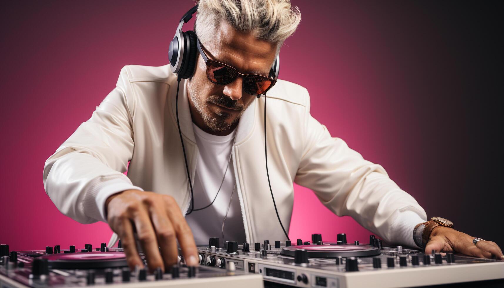 AI generated One man, sitting, playing music, adjusting headphones in nightclub generated by AI photo