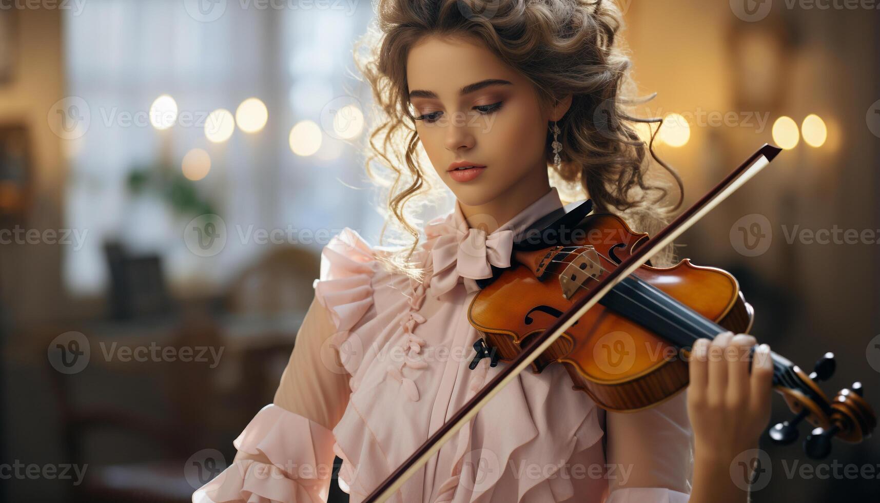 AI generated One woman musician playing violin with elegance and skill generated by AI photo