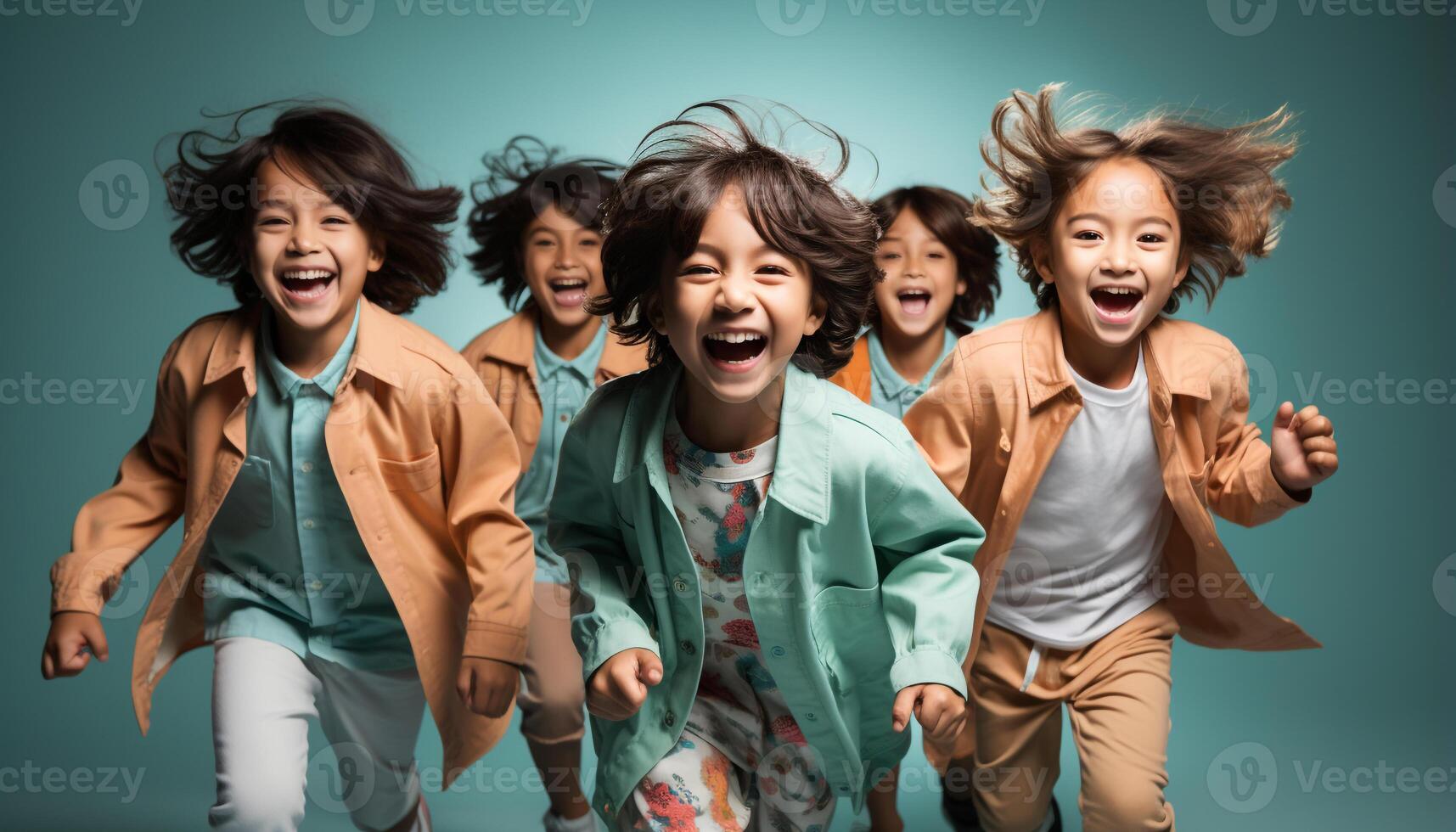 AI generated A joyful group of children smiling, playing, and looking at camera generated by AI photo