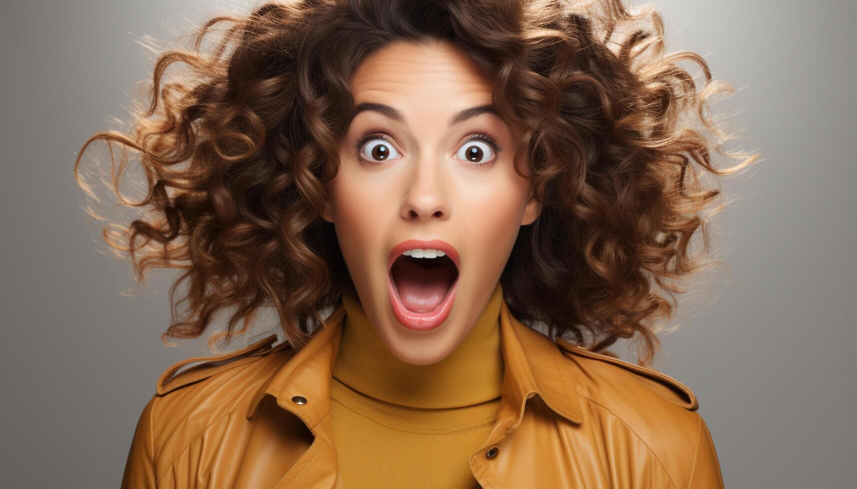 AI generated Young woman with curly hair screaming in shock and disbelief generated by AI photo