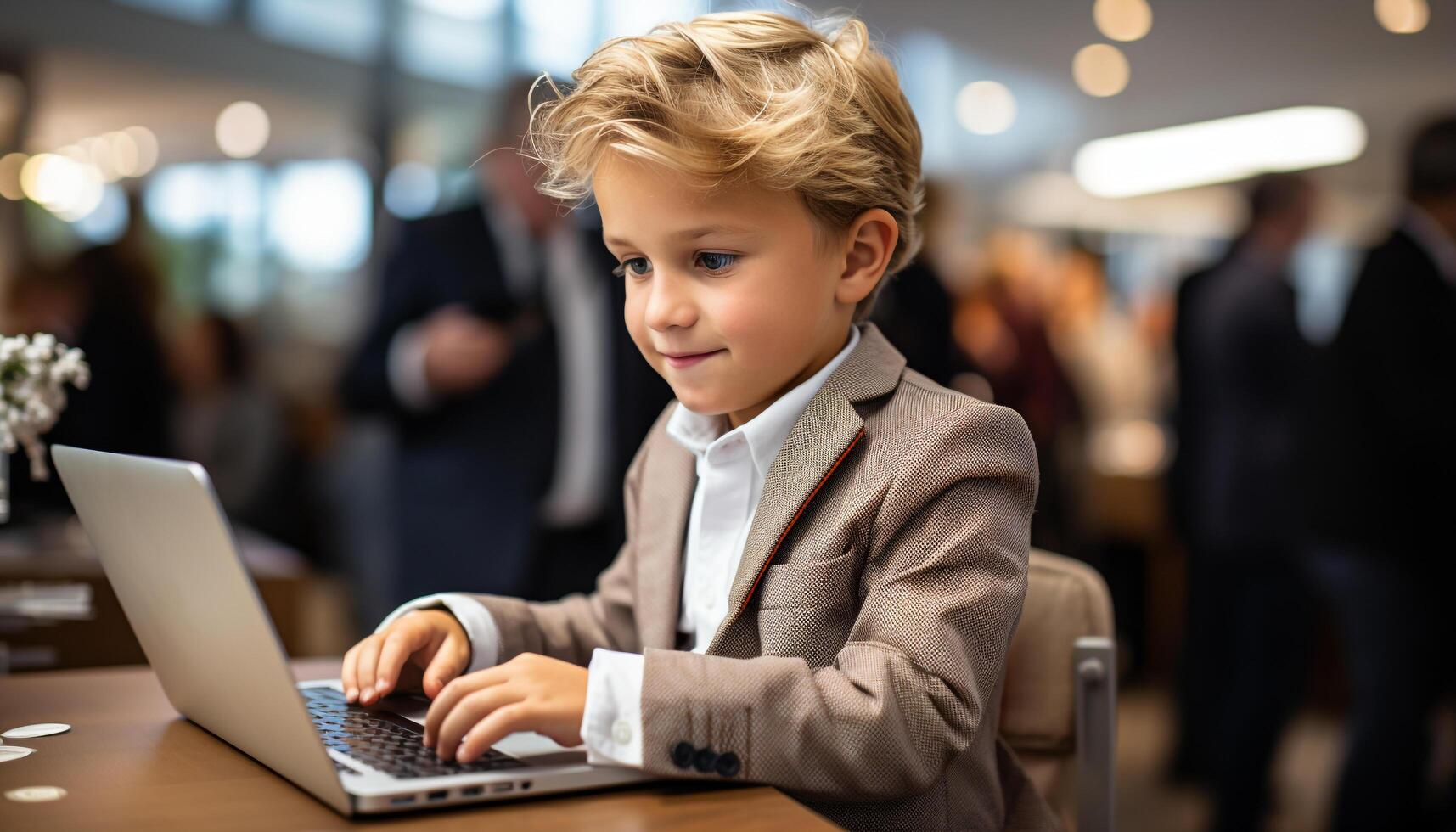 AI generated A cheerful businessman sitting indoors, using laptop, typing with confidence generated by AI photo