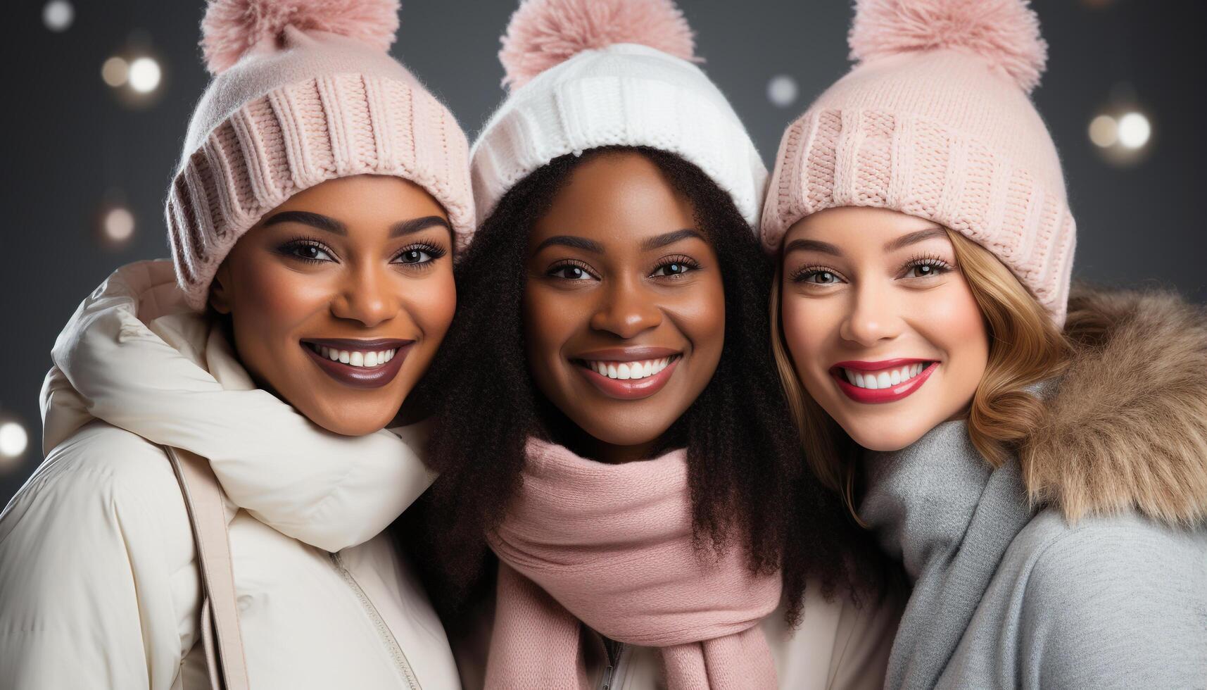 AI generated Smiling women in winter, friendship, looking at camera, joy generated by AI photo