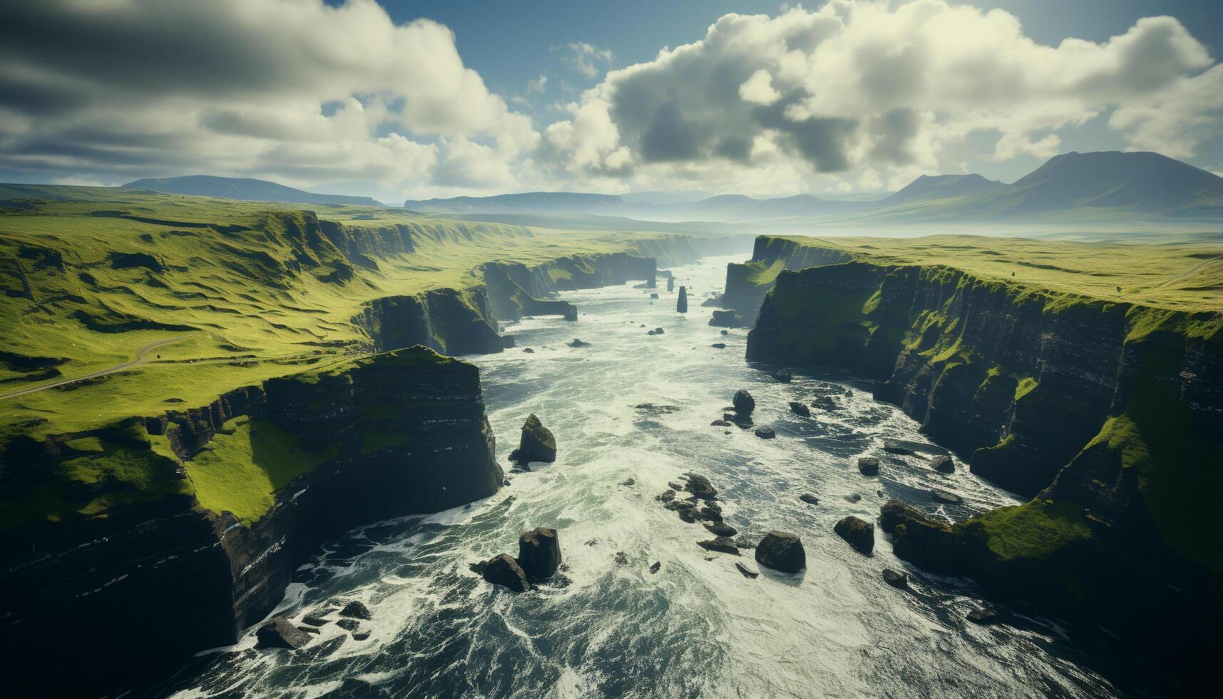 AI generated Majestic mountain peak, blue sky, serene water, idyllic landscape generated by AI photo