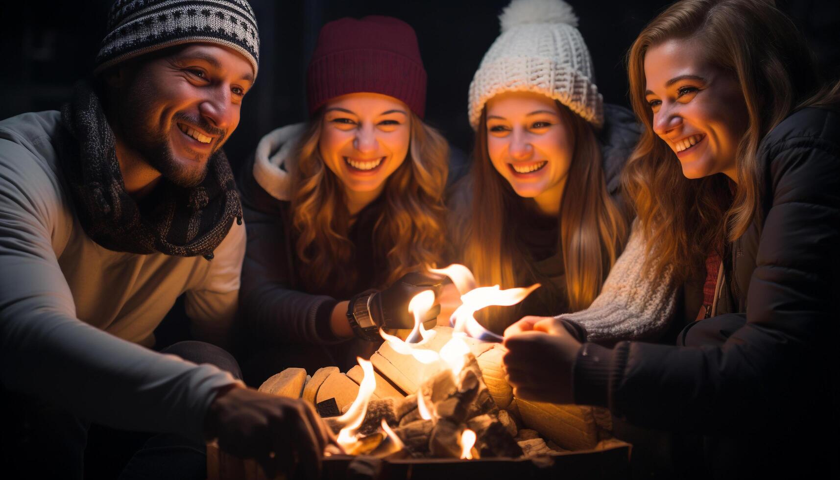 AI generated Friends enjoying a warm winter night by the campfire generated by AI photo
