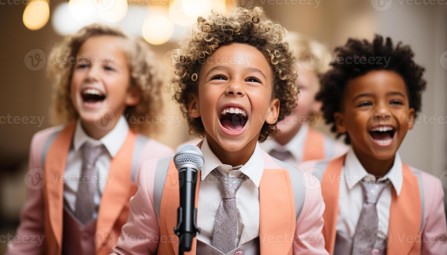 AI generated Smiling children singing, joyful musician on stage, group of friends generated by AI photo