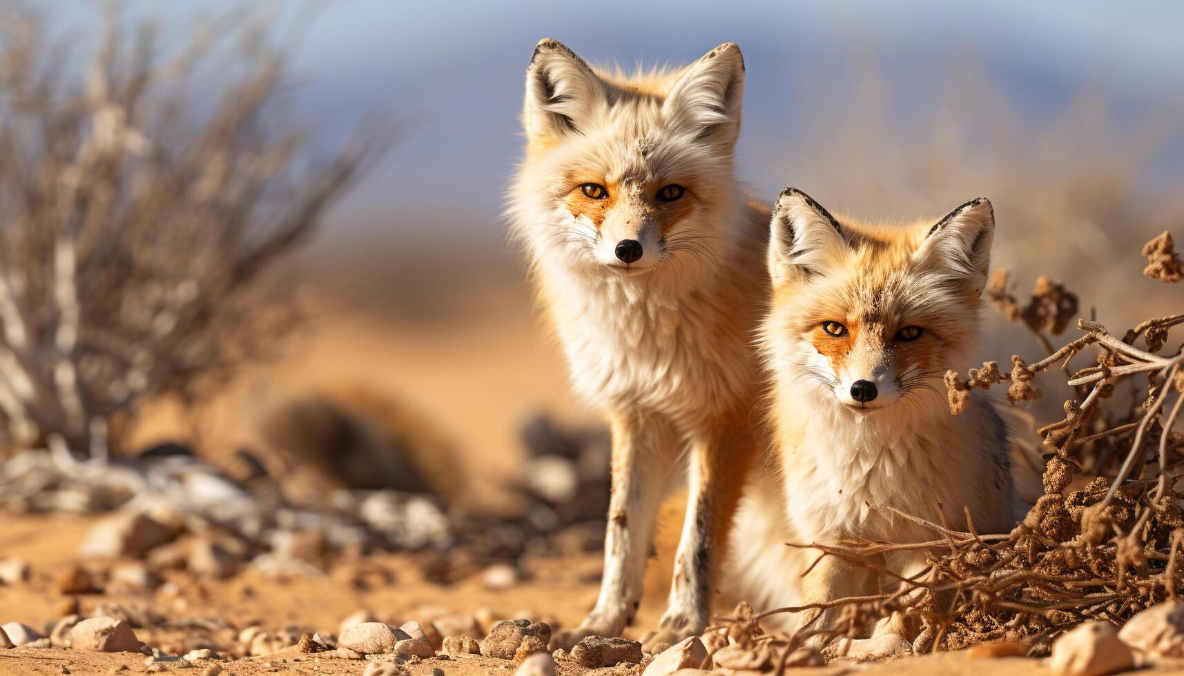 AI generated Cute red fox looking at camera in snowy winter forest generated by AI photo