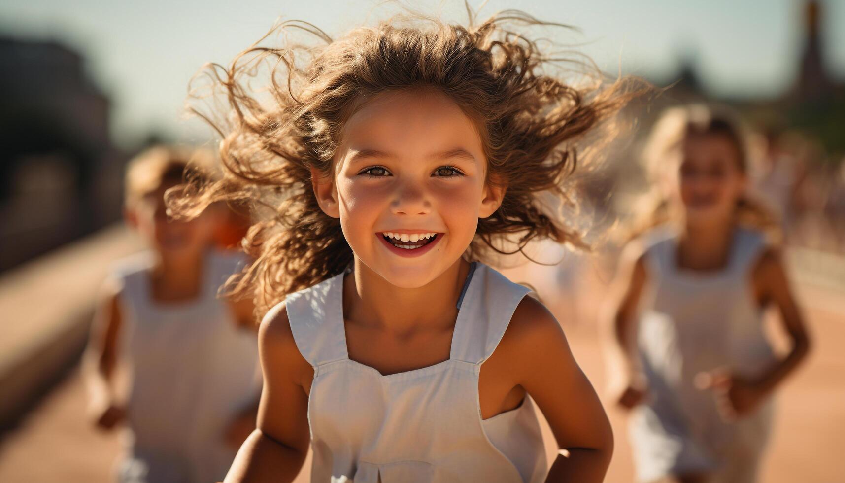 ai generado sonriente niño, felicidad, alegre verano divertido muchachas correr, despreocupado disfrute generado por ai foto