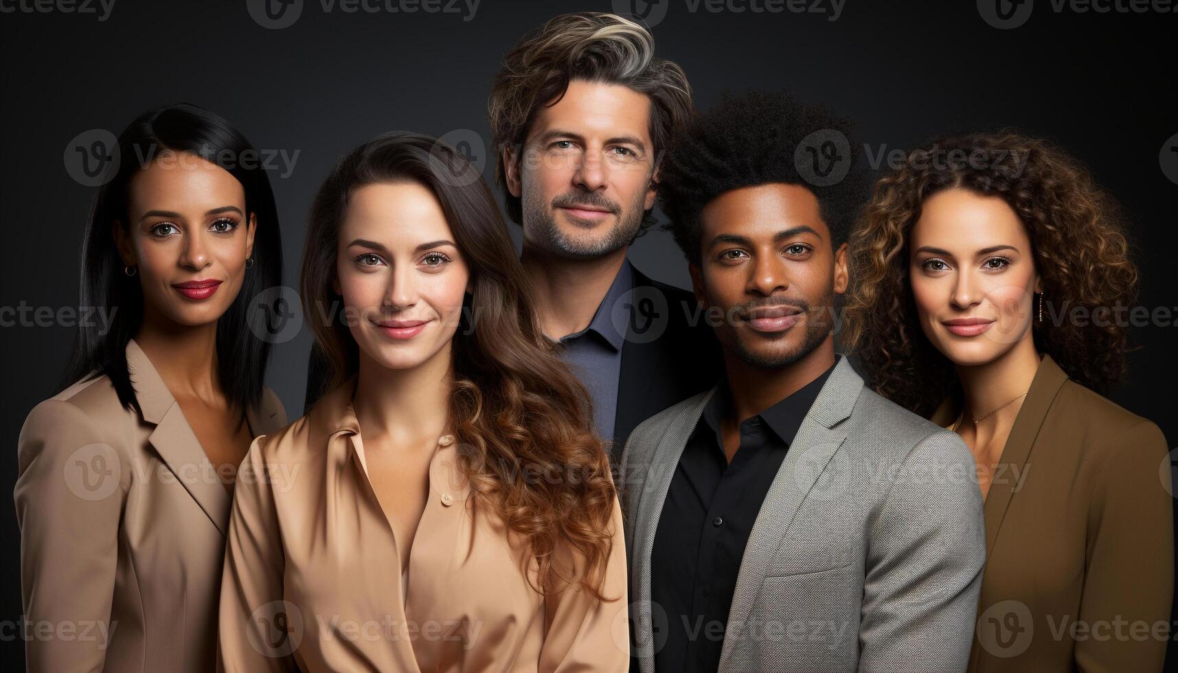 AI generated Group of smiling men and women in business suits looking at camera generated by AI photo