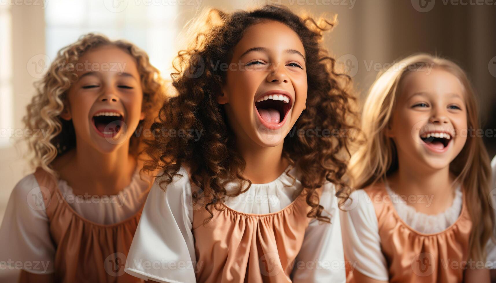 ai generado sonriente muchachas jugando, reír, y disfrutando infancia juntos adentro generado por ai foto