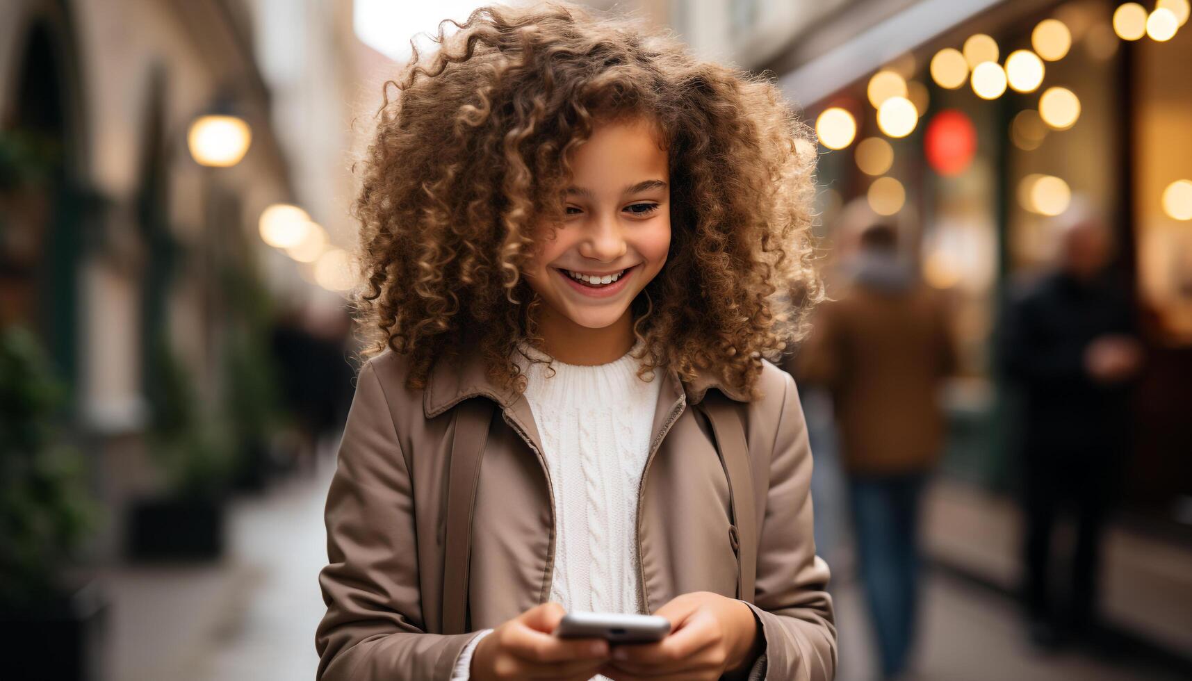 ai generado sonriente joven mujer al aire libre, participación teléfono, mirando a cámara generado por ai foto