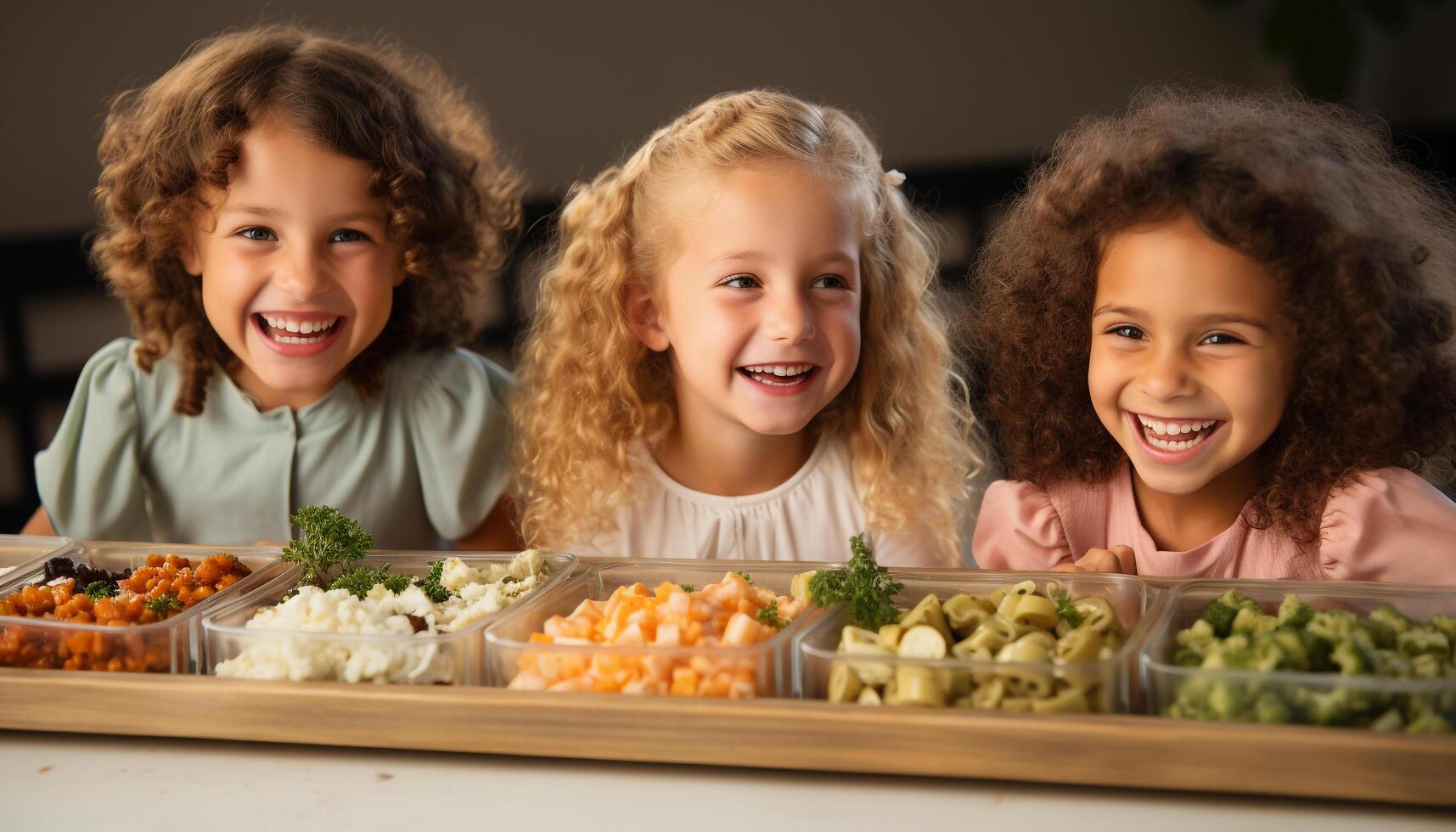 ai generado sonriente muchachas y Niños, alegre infancia, linda amistad, adentro divertido generado por ai foto