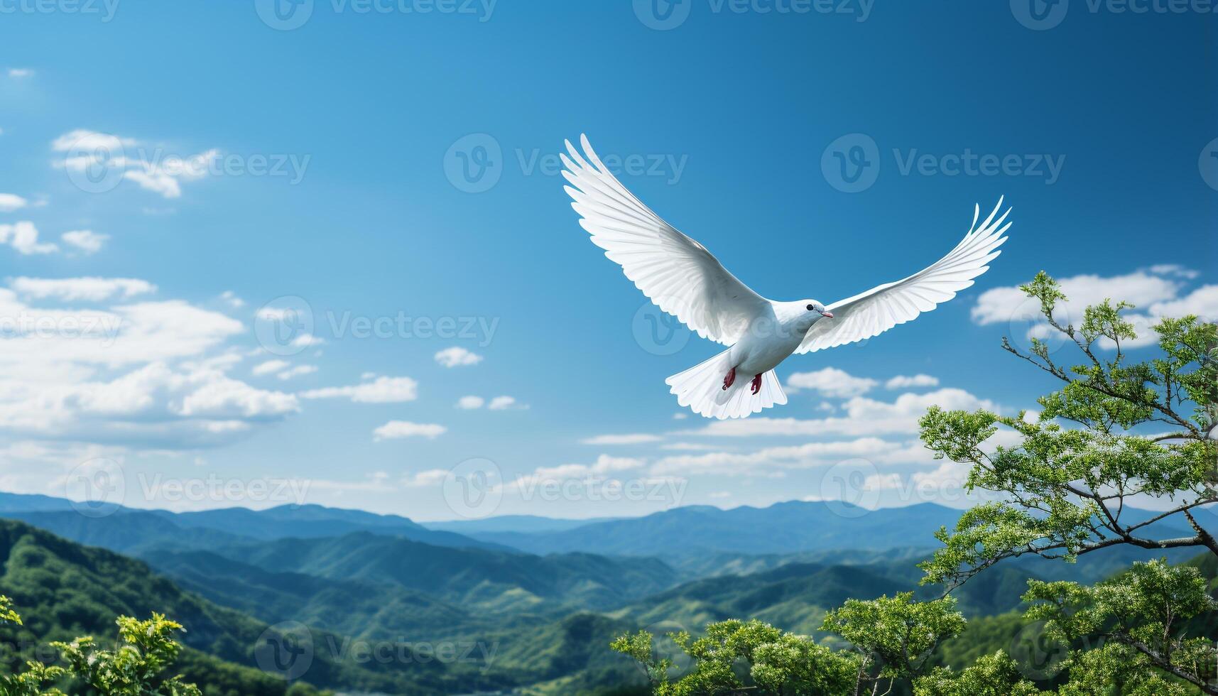 AI generated Flying seagull spreads wings in mid air, symbolizing freedom and peace generated by AI photo