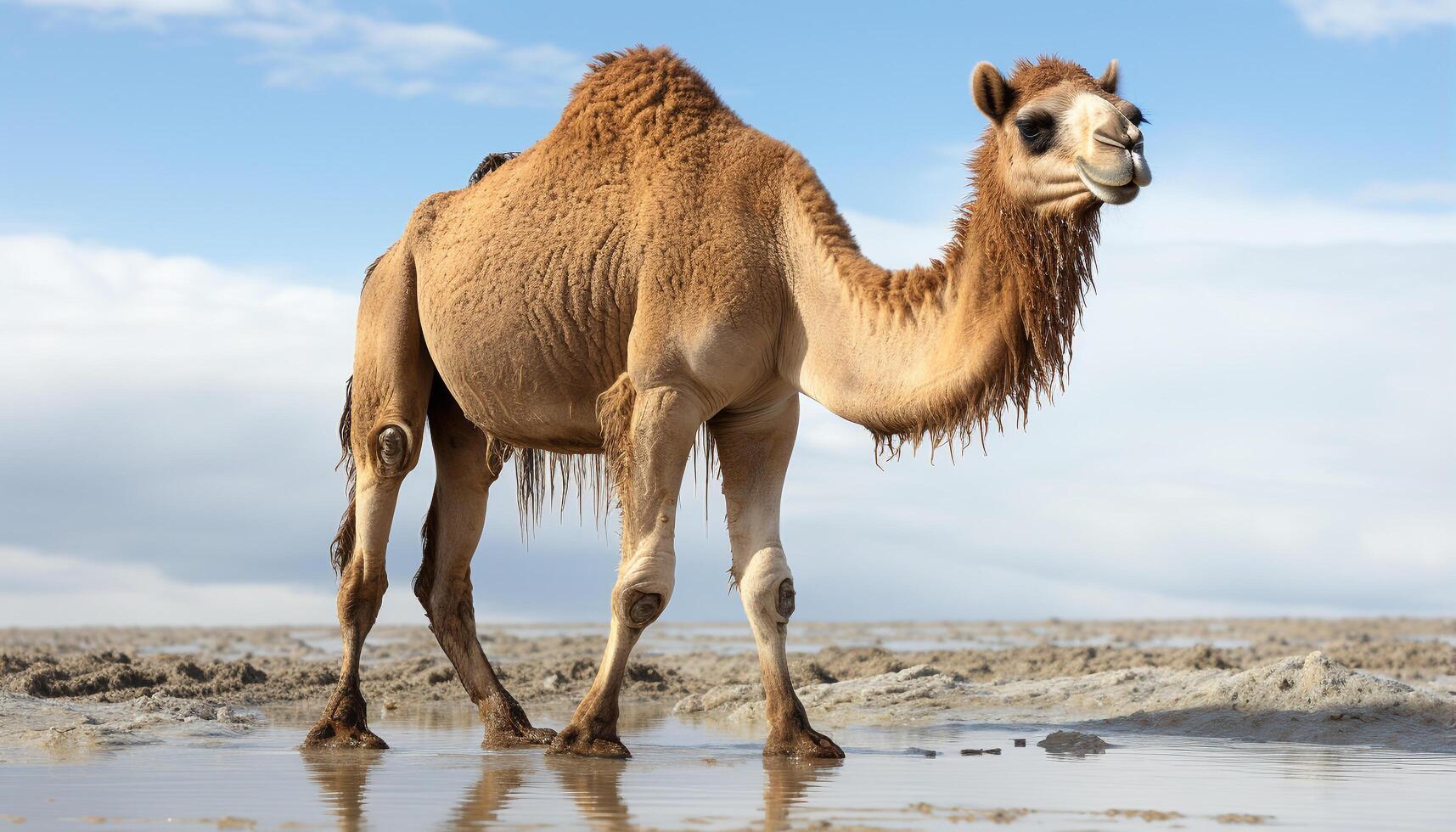 AI generated A cute camel standing in the arid desert of Arabia generated by AI photo