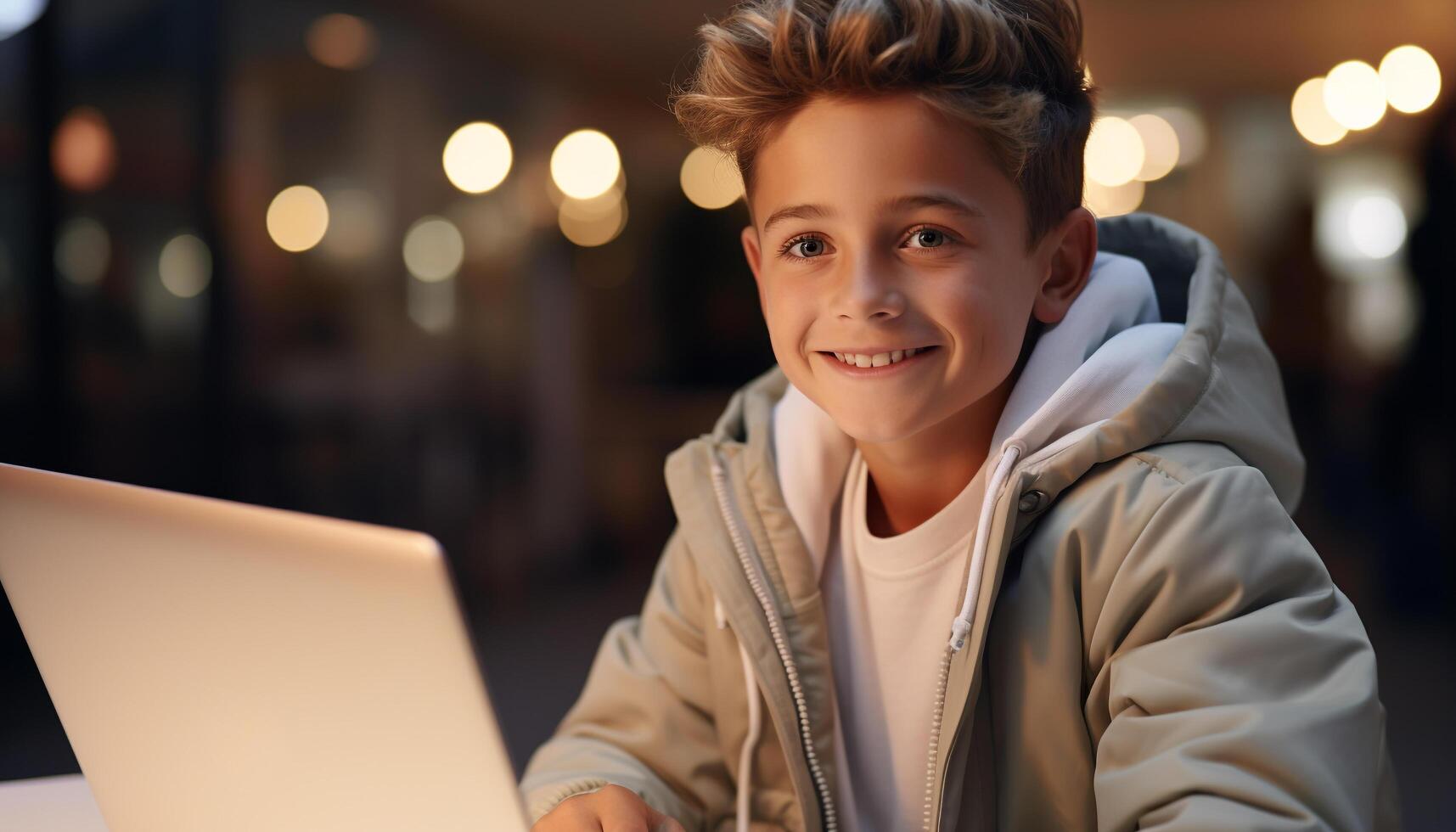 AI generated Smiling child sitting indoors, looking at camera, enjoying laptop generated by AI photo