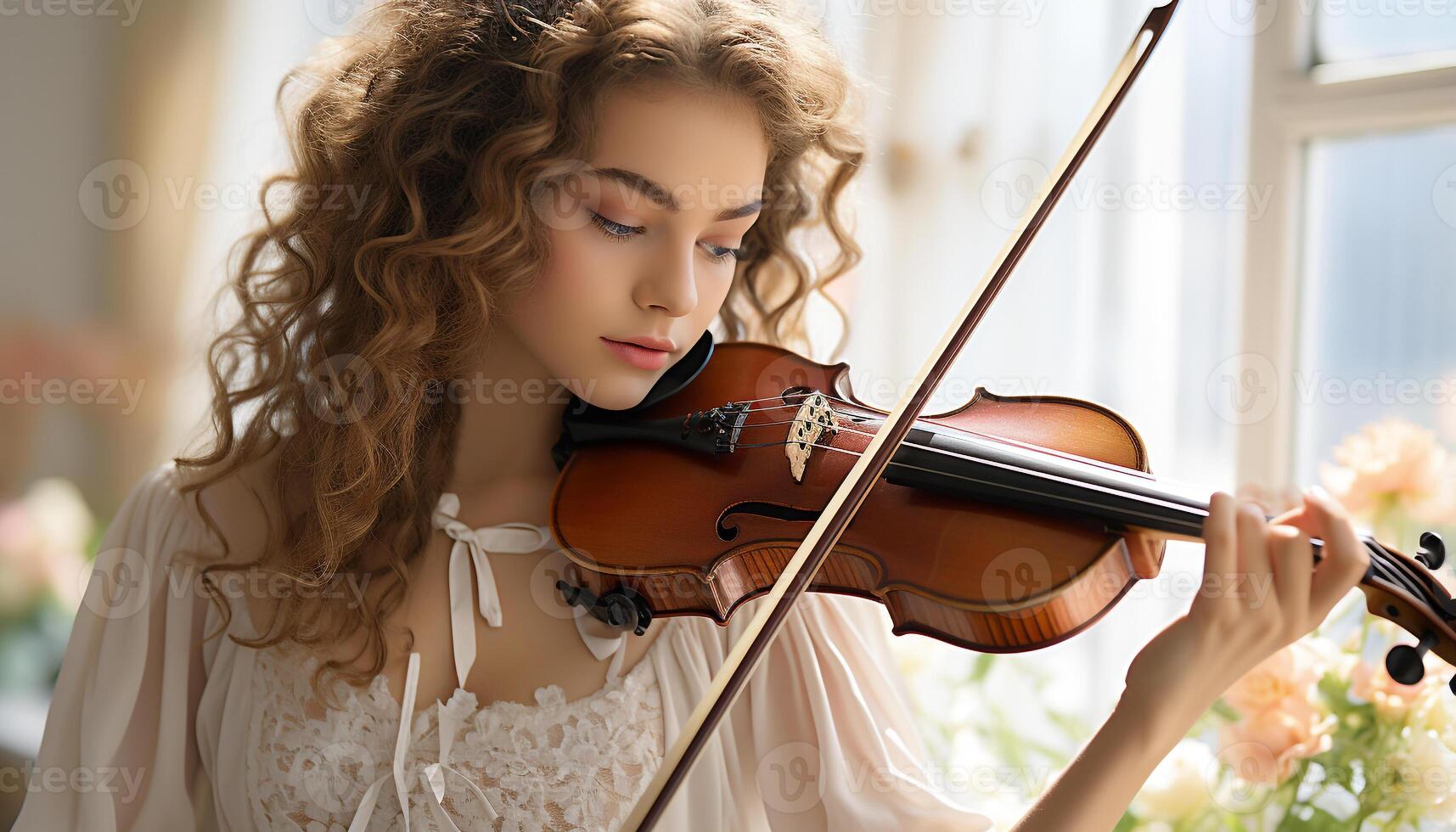 AI generated A beautiful young woman playing the violin with elegance and skill generated by AI photo