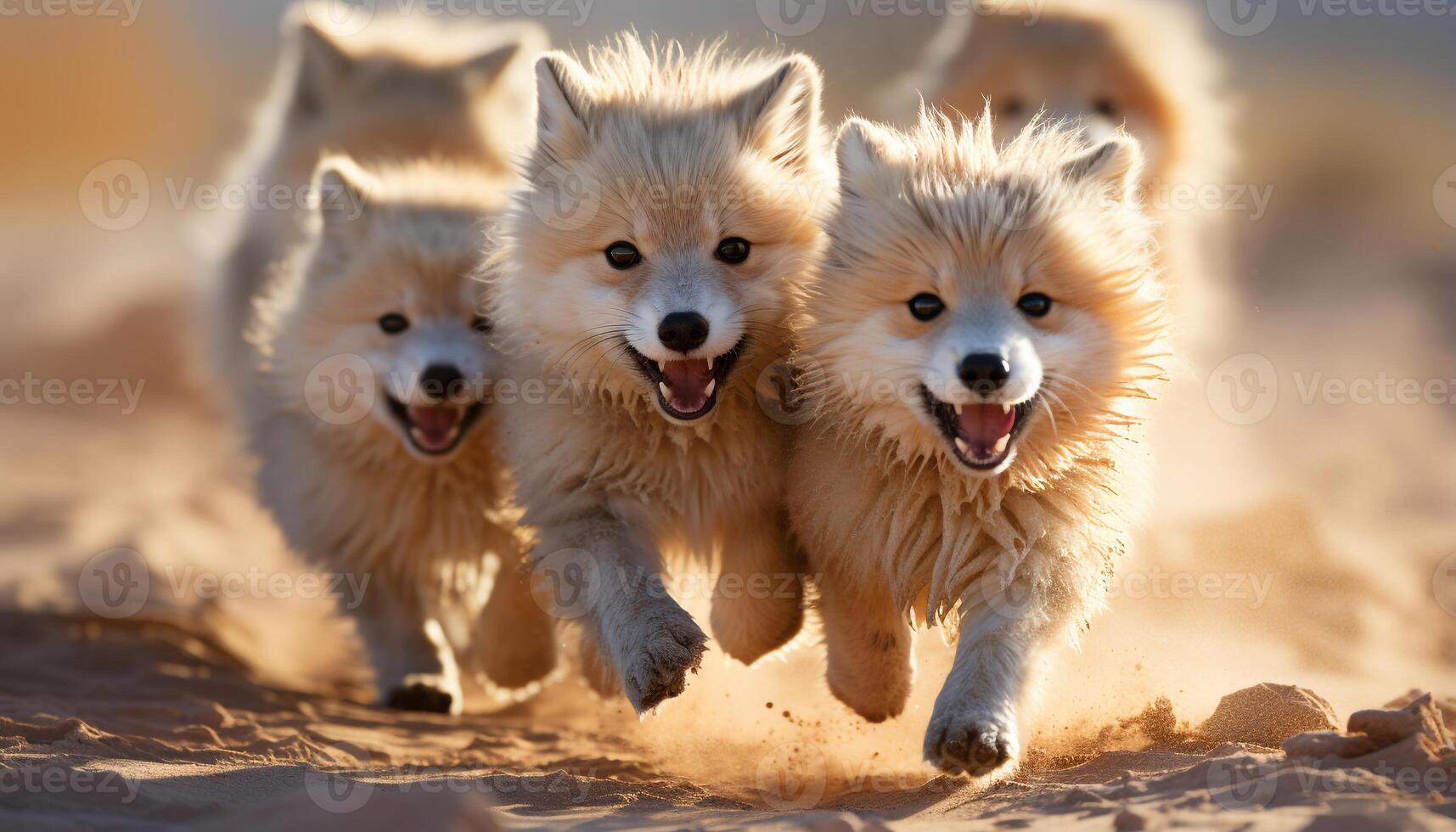 AI generated Cute puppy running on sand, playing with joyful friends generated by AI photo