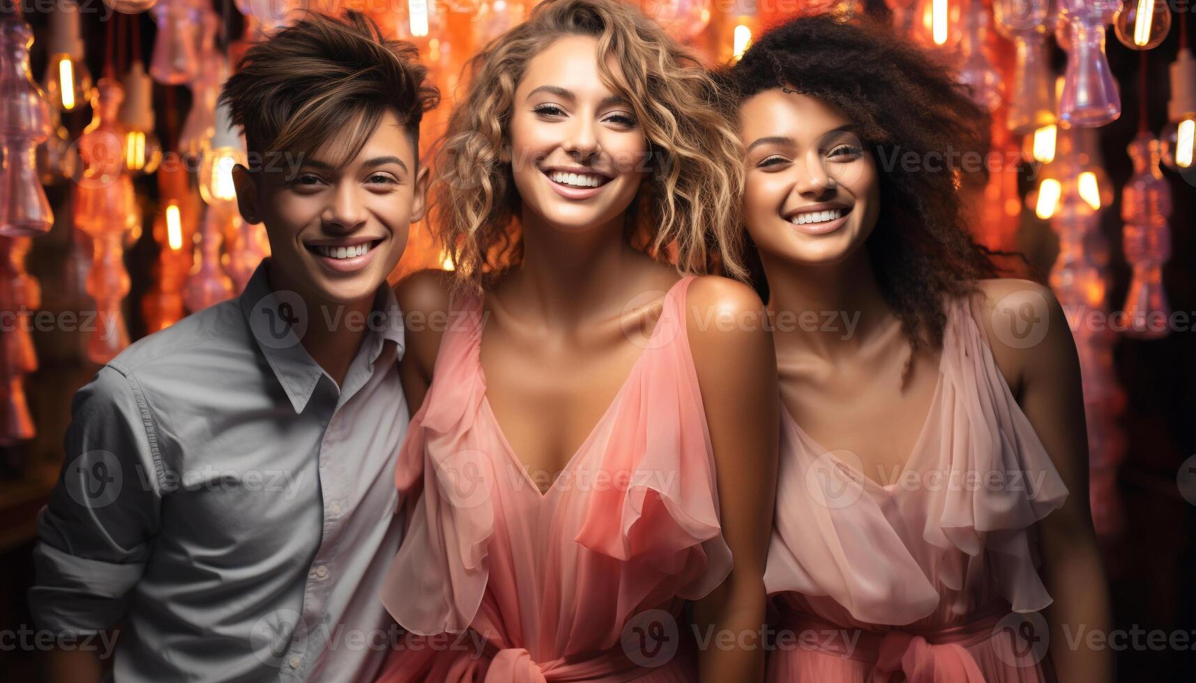AI generated Young adults enjoying nightlife at a cheerful nightclub, smiling and dancing generated by AI photo