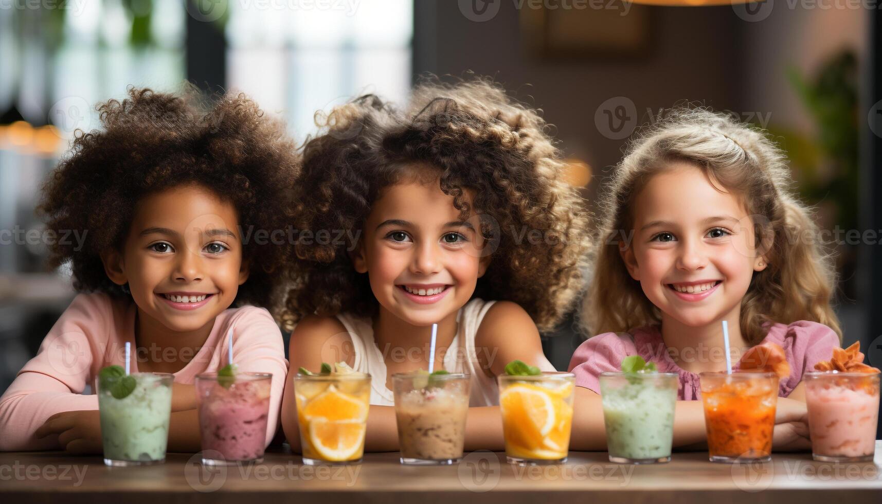 AI generated Smiling girls, cheerful boys, cute children enjoying fresh summer fruit generated by AI photo
