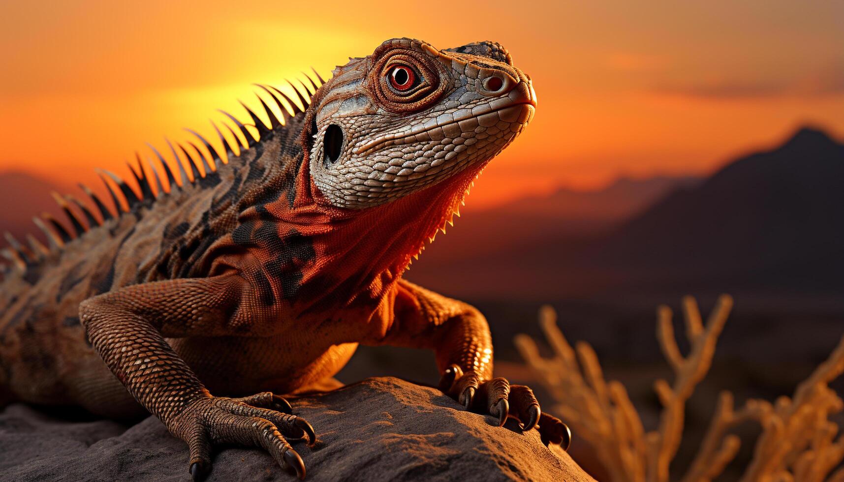 AI generated Majestic iguana scales in natural beauty, looking at the sunset generated by AI photo