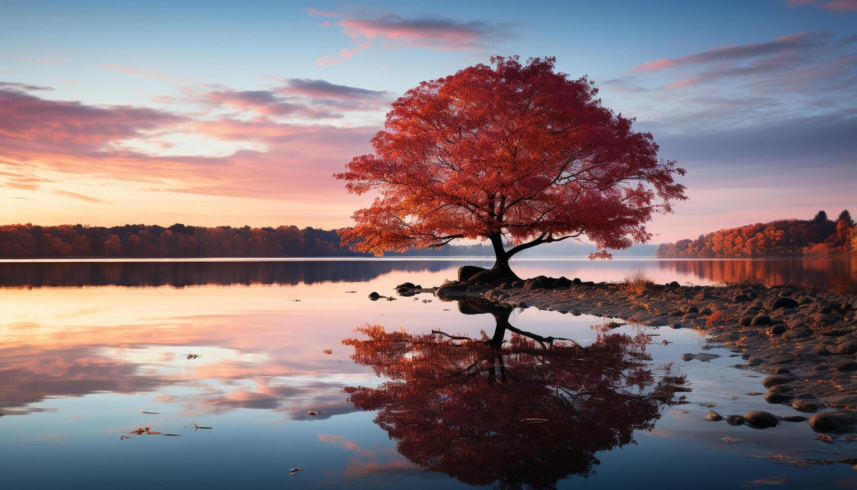 AI generated Tranquil autumn sunset reflects beauty in nature vibrant colors generated by AI photo