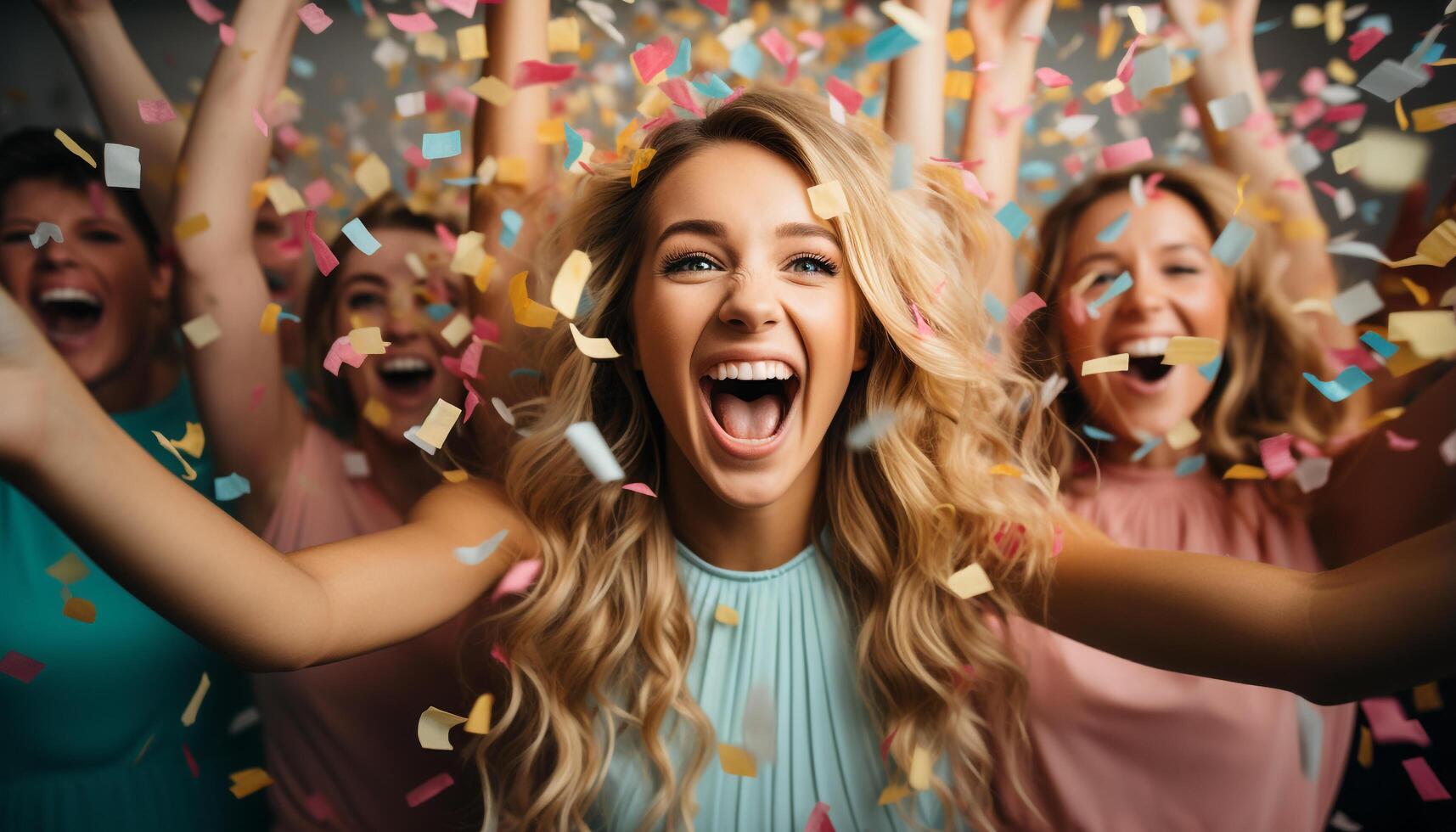 AI generated Group of young adults celebrating with confetti at a party generated by AI photo