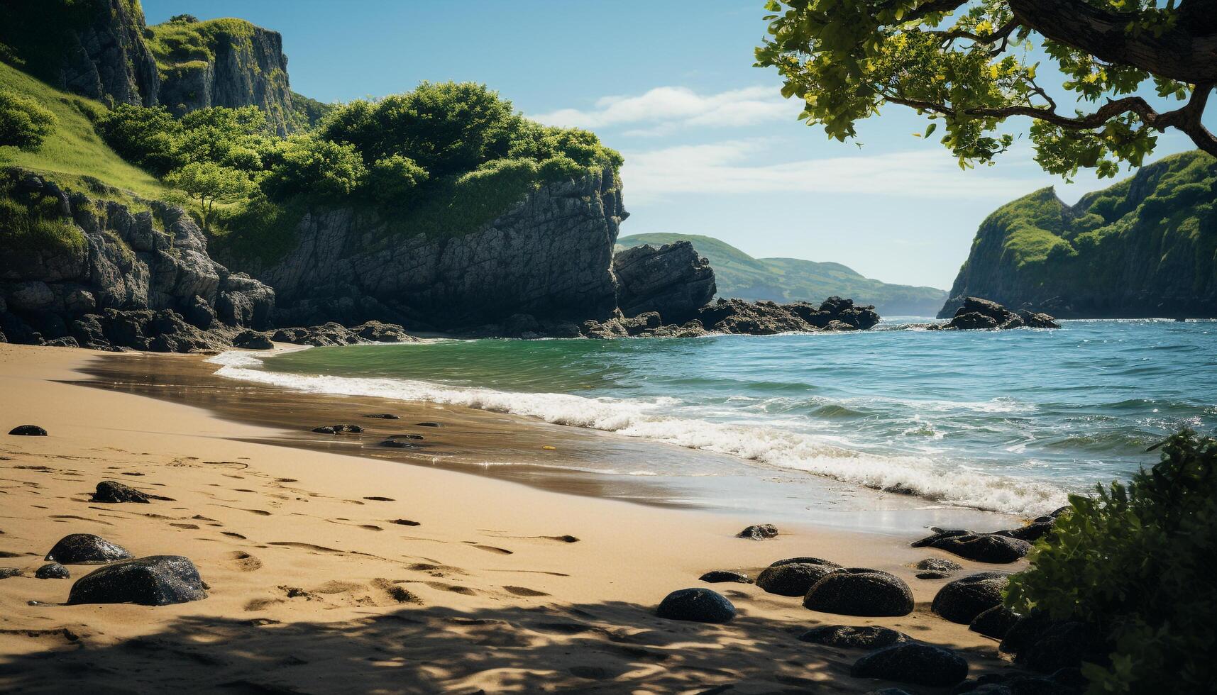 ai generado tranquilo línea costera, agua refleja atardecer, rock y árbol silueta generado por ai foto