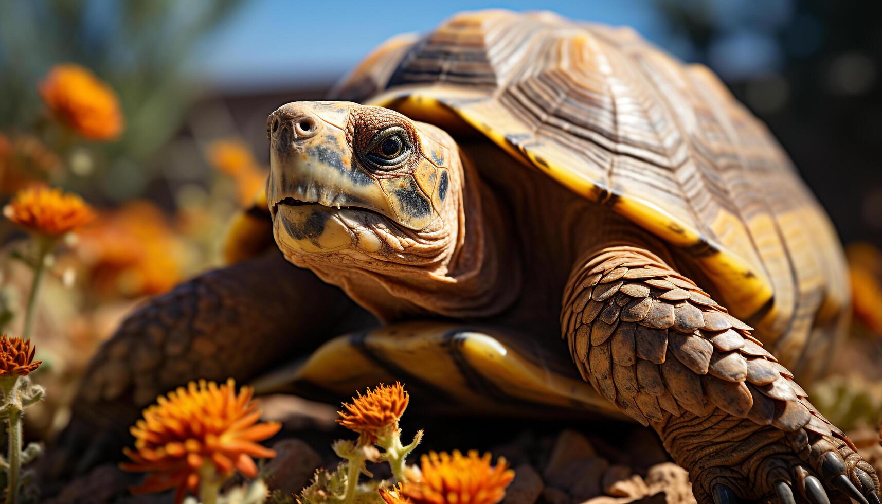 AI generated Cute turtle crawling slowly in the wild, a beautiful sight generated by AI photo