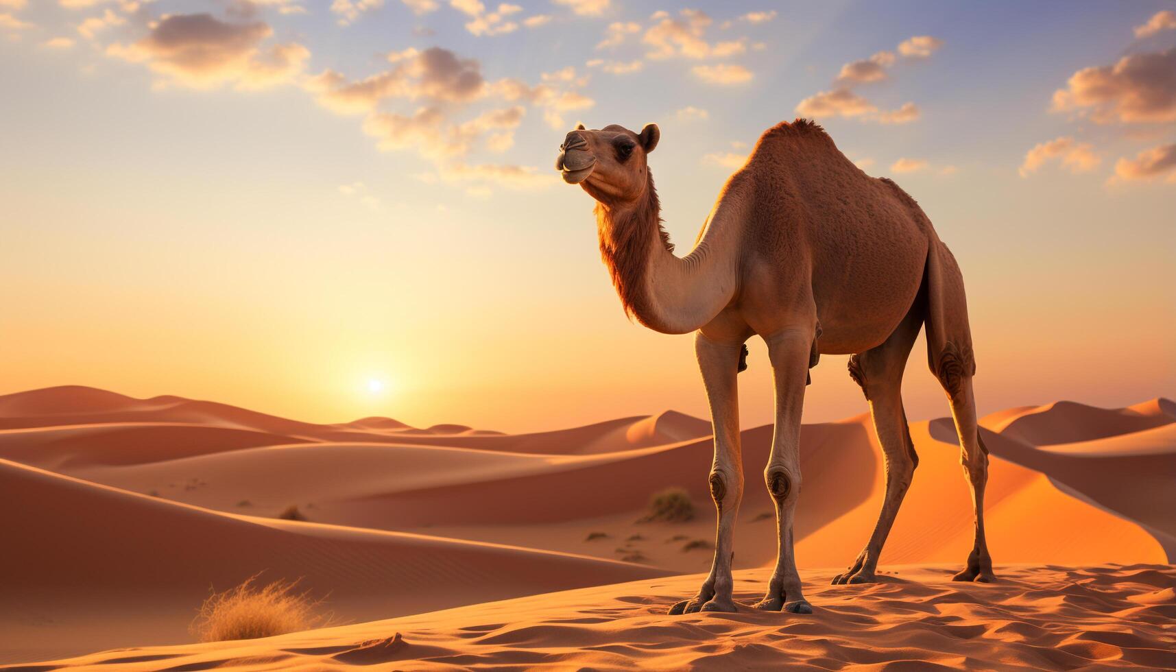 AI generated Camel convoy travels through arid desert, embracing nature beauty generated by AI photo