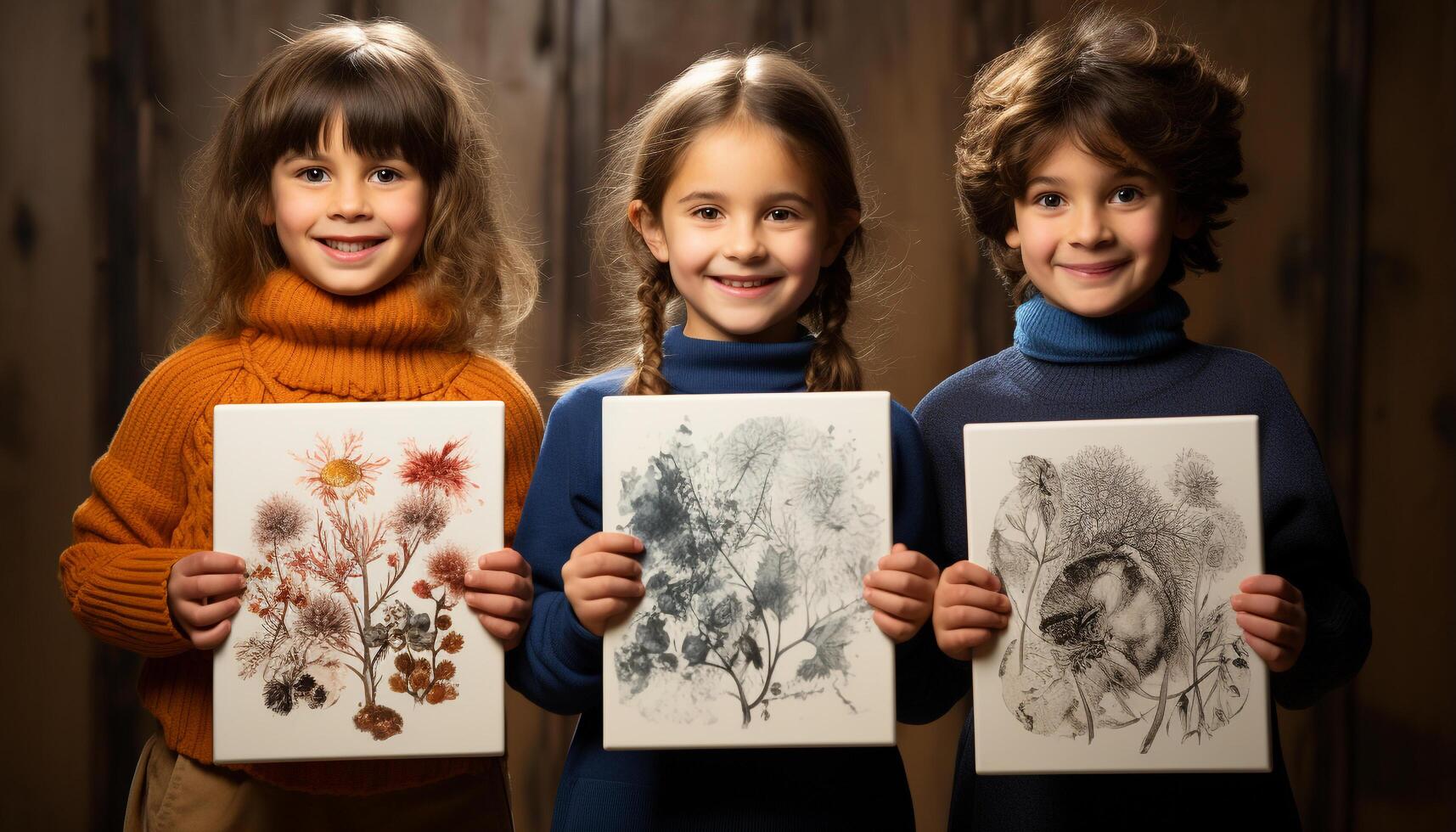 AI generated Smiling girls and boys, childhood happiness, cute Caucasian ethnicity generated by AI photo