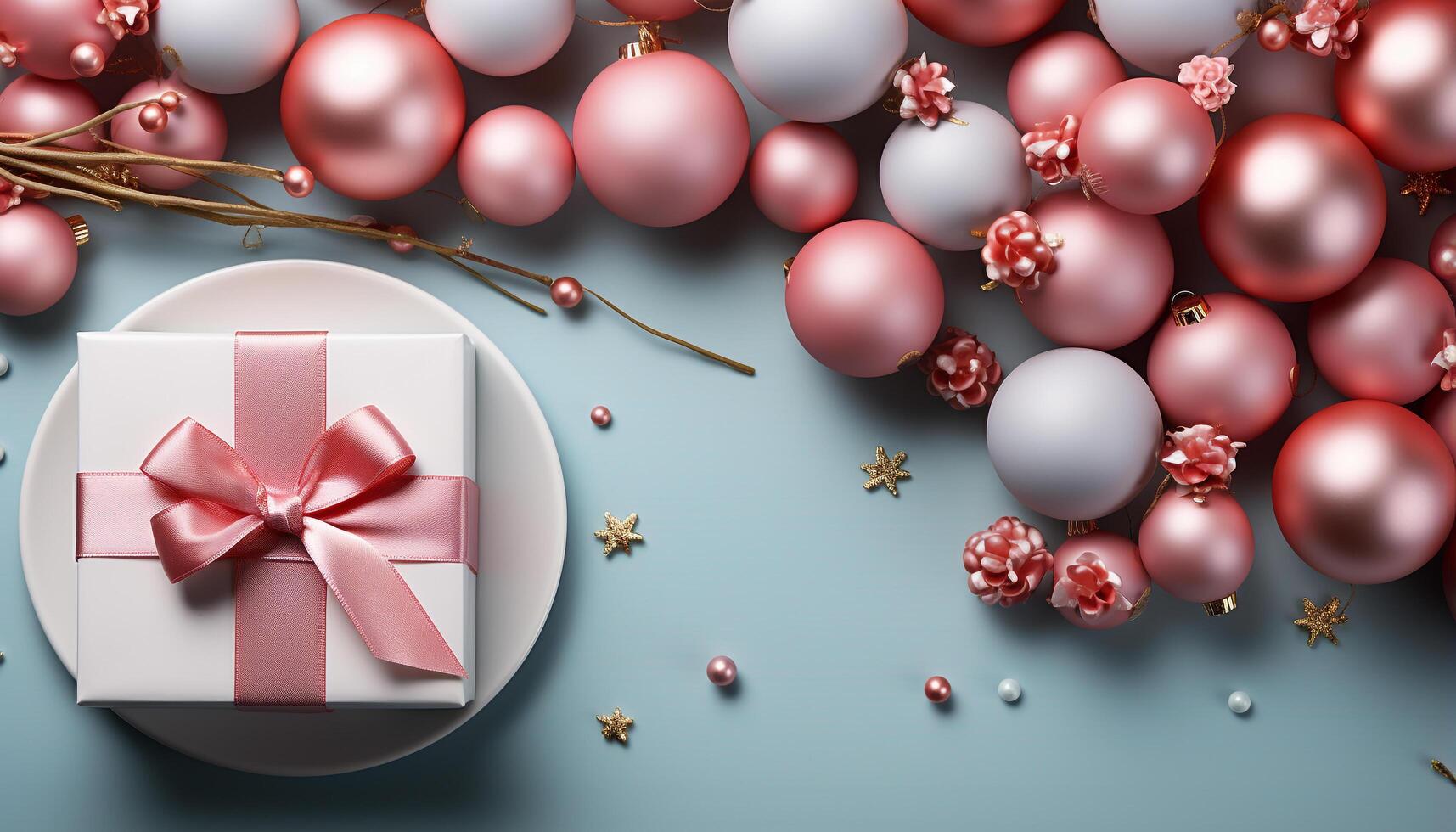 AI generated New gift box decoration, shiny snowflake ornament on blue wrapping paper generated by AI photo