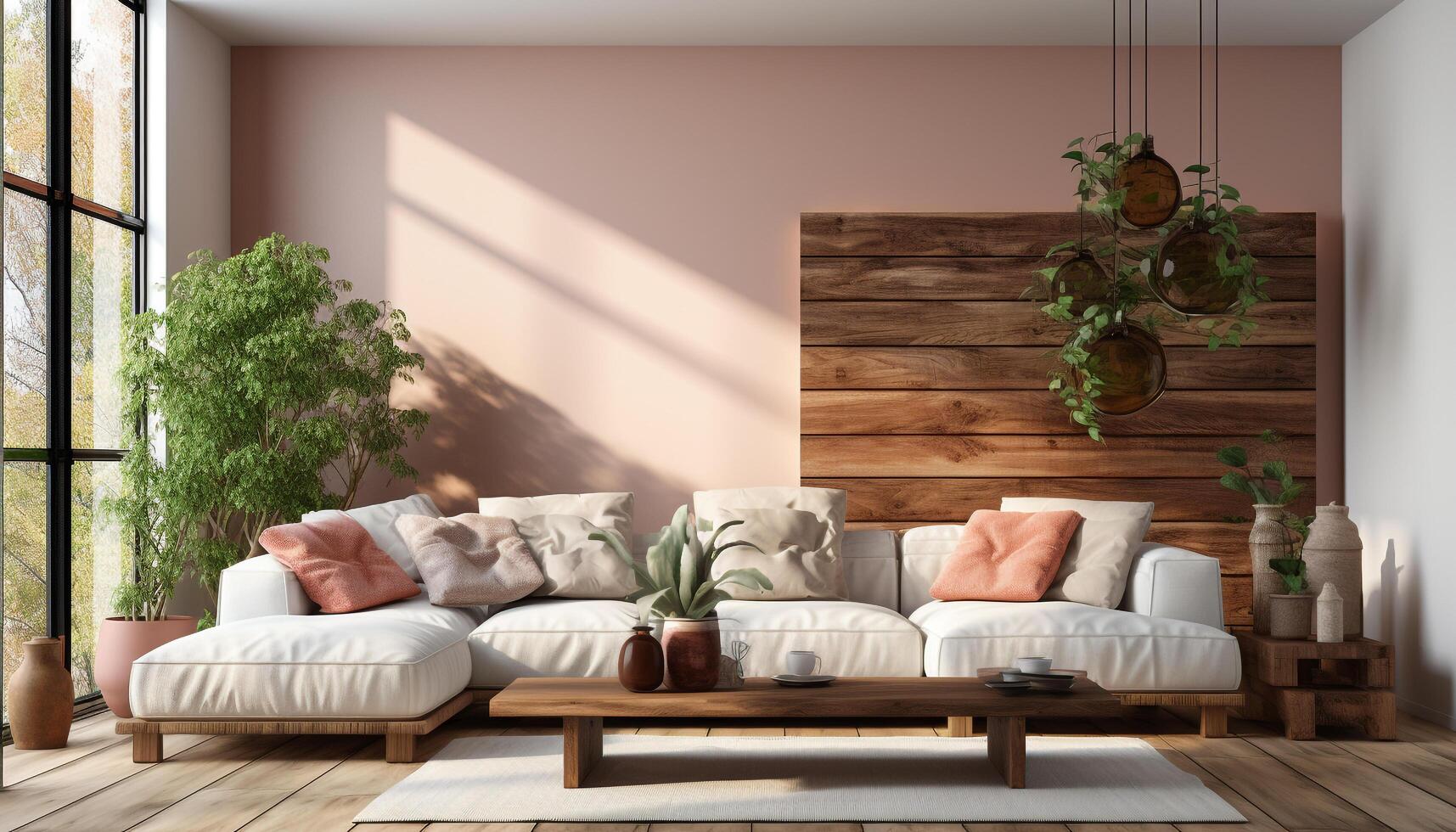 AI generated Cozy modern living room with comfortable sofa and elegant decor generated by AI photo