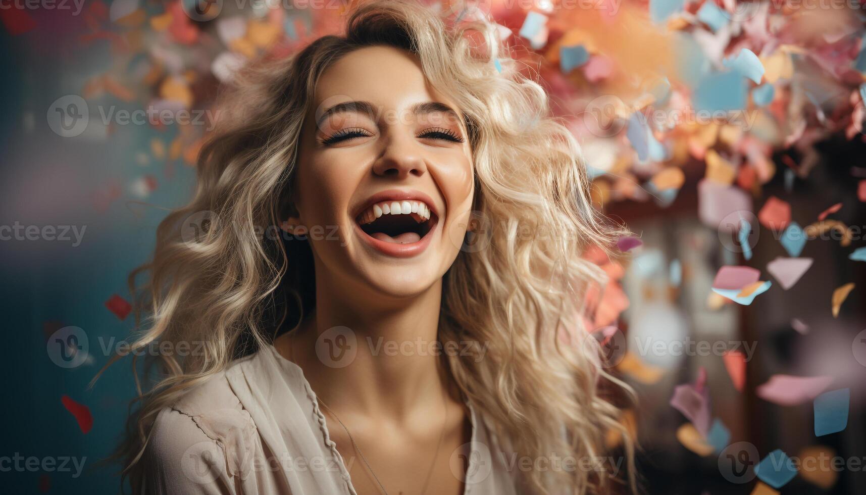 ai generado sonriente mujer celebrar, belleza y alegría en un retrato generado por ai foto